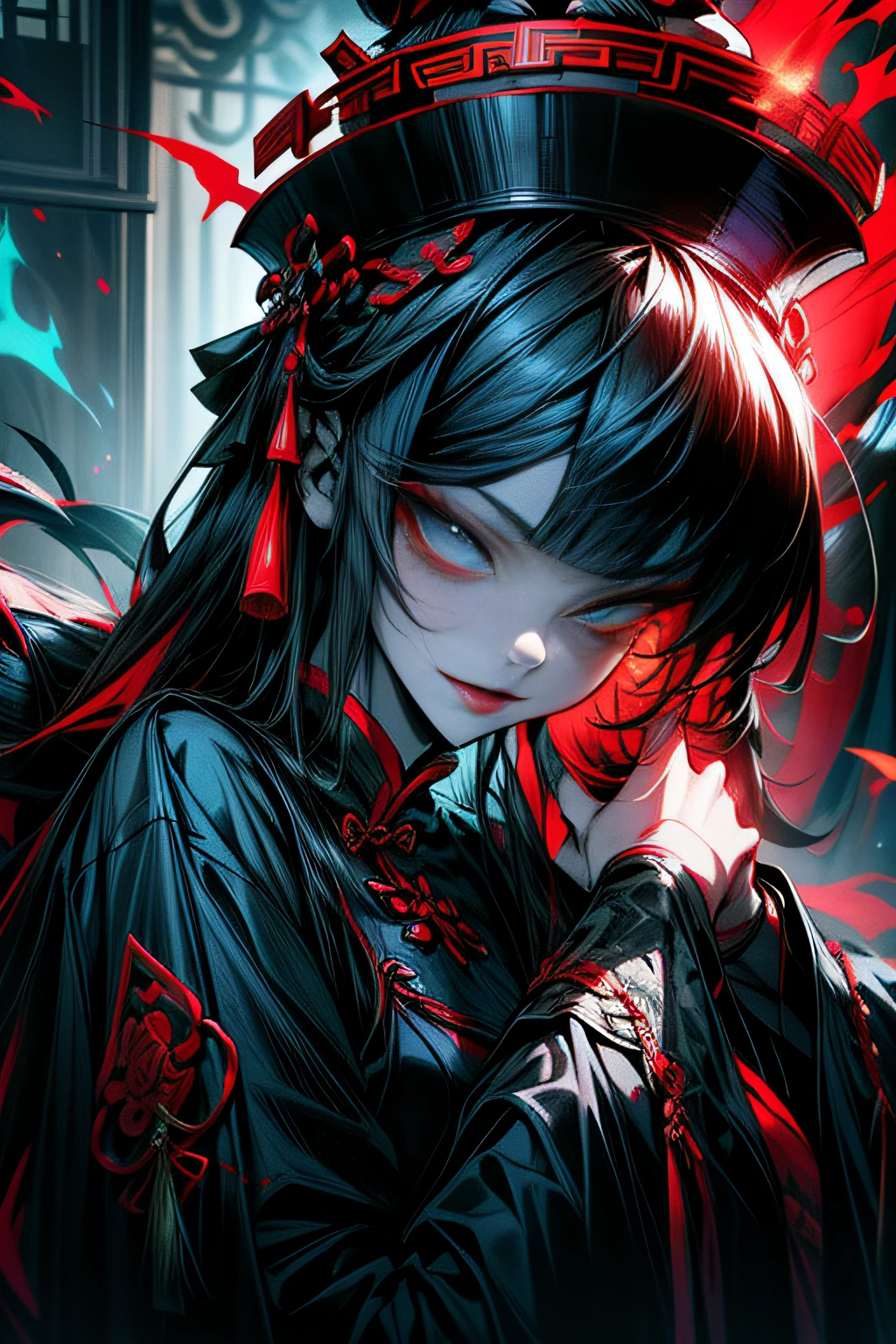 Chinese Gothic Punk、JIANGSHI style,Daughter of the Chinese emperor、Overwhelming intimidation、Put your hands in your sleeves,(Comic Noir Style),(linear art_Anime),(solid color_highcontrast),(masutepiece, Best Quality, ),(Laura Bad Picture:1.2),(Lora Add Details:1.2),8K, Flat color:1.2,1girl in,JIANGSHI QUEEN SITTING ON A CRIMSON THRONE WEARING A HEAVY CLOAK,JIANGSHI,BEAUTY JIANGSHI、Very long hair、Chinese Opera style makeup,Luxurious costume with beautiful embroidery_Dragon and phoenix embroidery:1.2,(lora:add more detail:1.2)