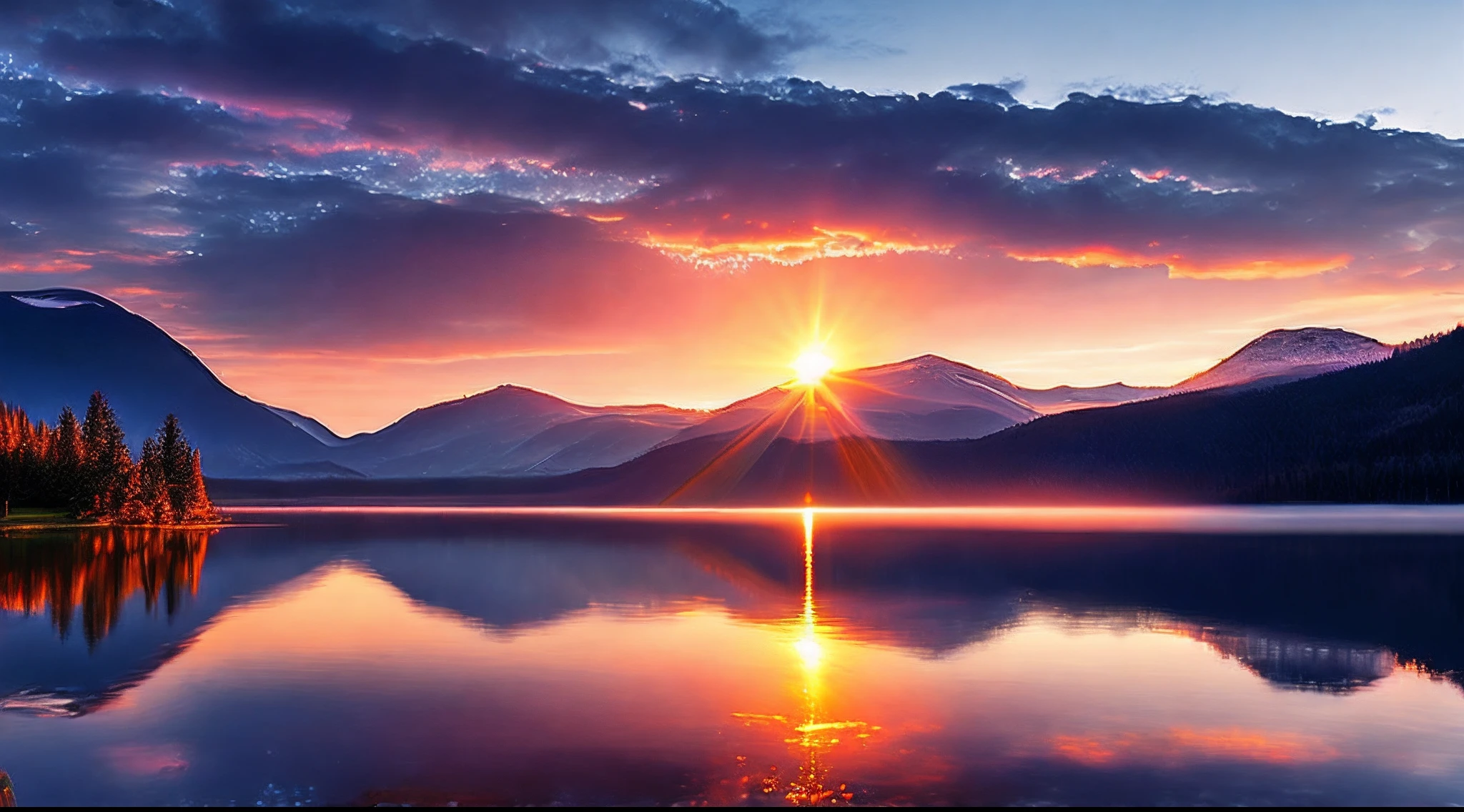 Dawn, lake, bright sun, lake, glare, lighting, birds in the sky, forest and mountains in the distance, raw photo,