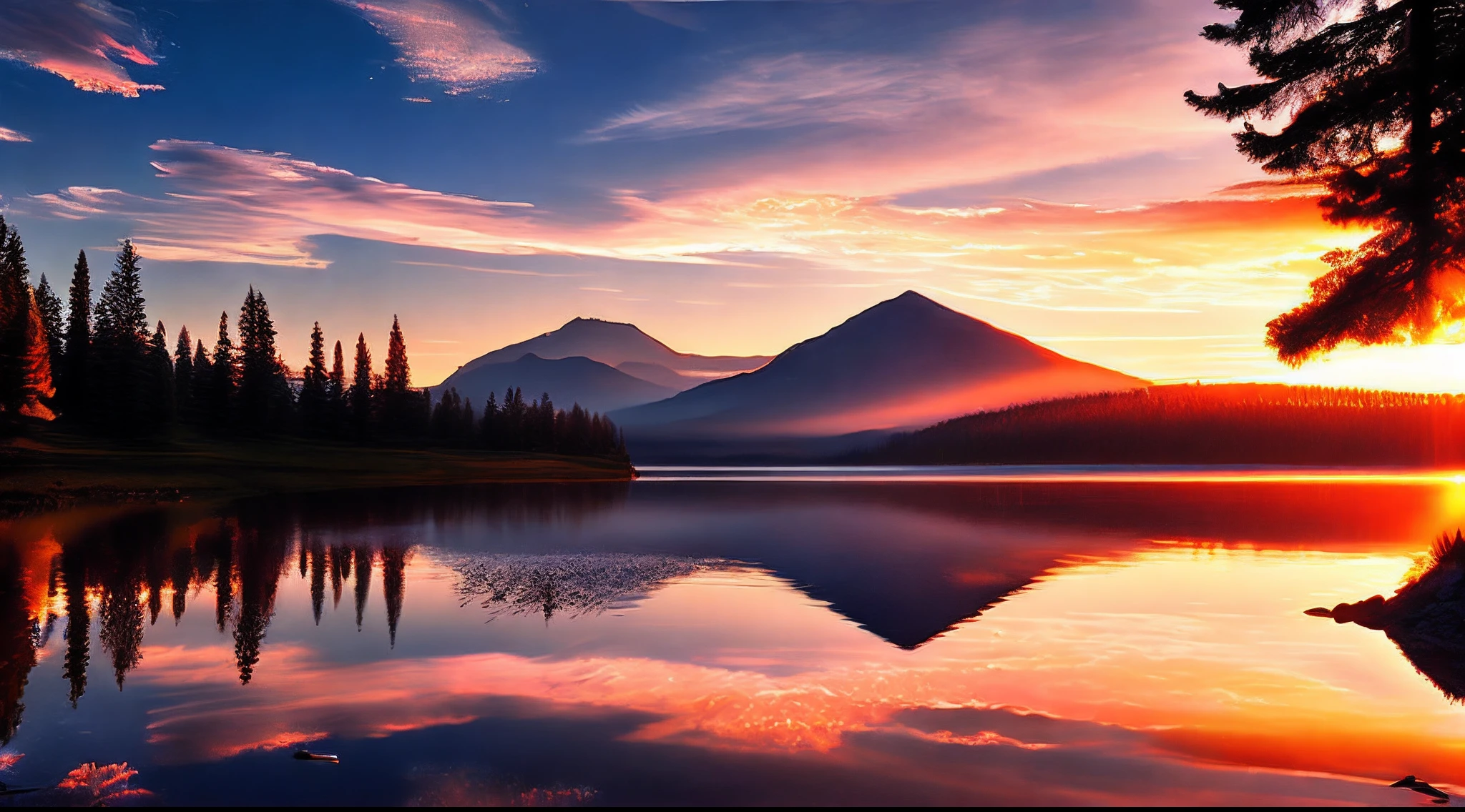 Dawn, lake, bright sun, lake, glare, lighting, birds in the sky, forest and mountains in the distance, raw photo,