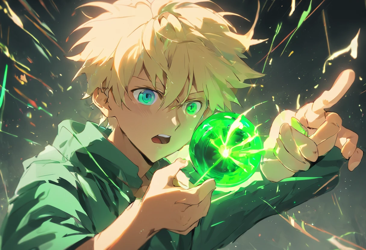 generate an image of a  boy with blonde hair and blue eyes angrily shooting a green light bowl on his hand, 4k, in a school corridor, illustration.