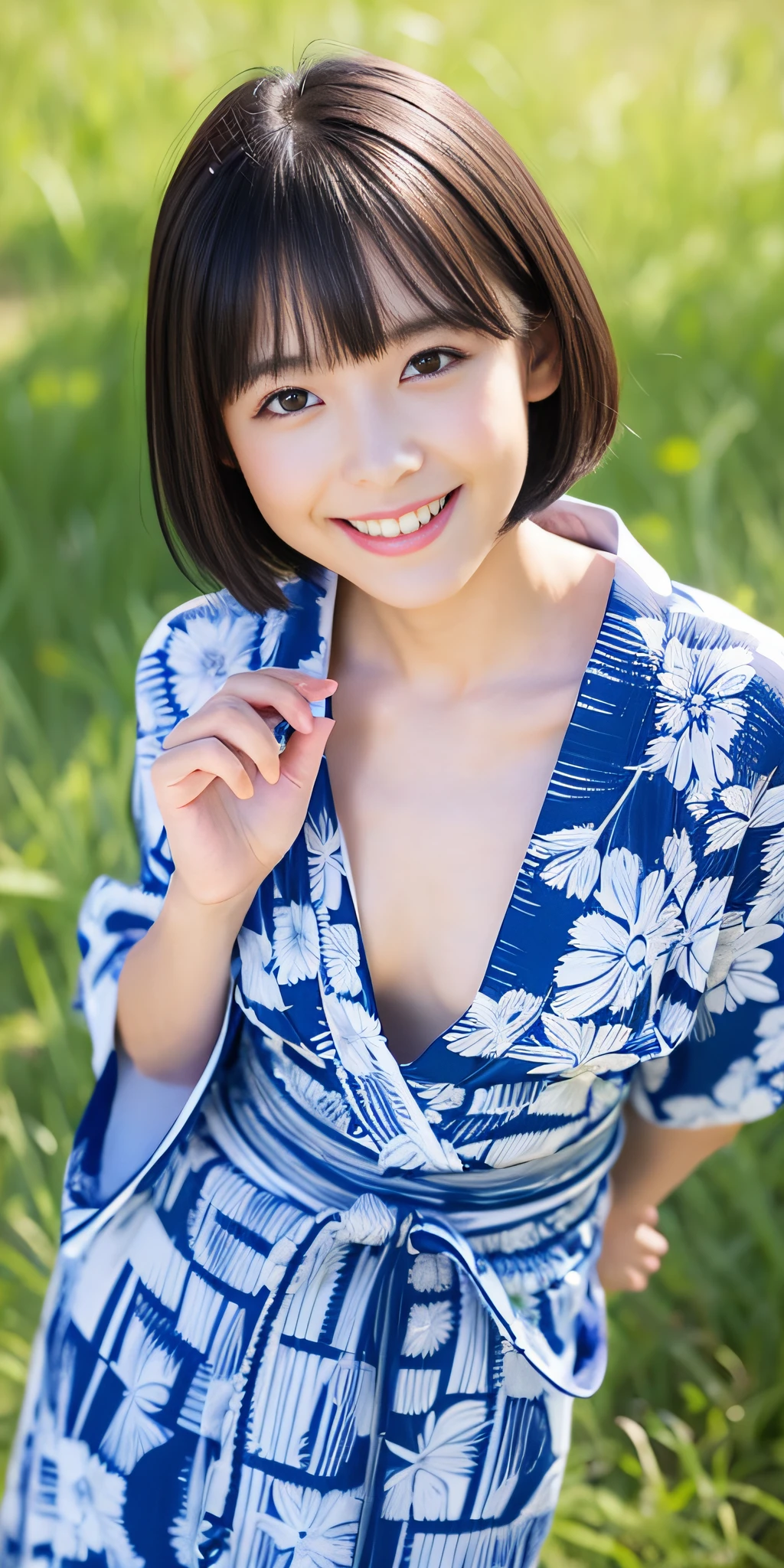 neat college girl、petite person、Outside the field、(Slimed、small tit、flat boobs、small tit)、Photorealsitic、detaileds, Skin Texture, ultra-detailliert、Delicate and sexy collarbone、A smile、Super Detailed Face、Detailed lips、A detailed eye、二重まぶた、((is standing、Summer yukata、slightly lift the hem of the skirt with both hands,,,,,))、Shorthair with bangs、Straight bob hair、from quite above、10yaers old