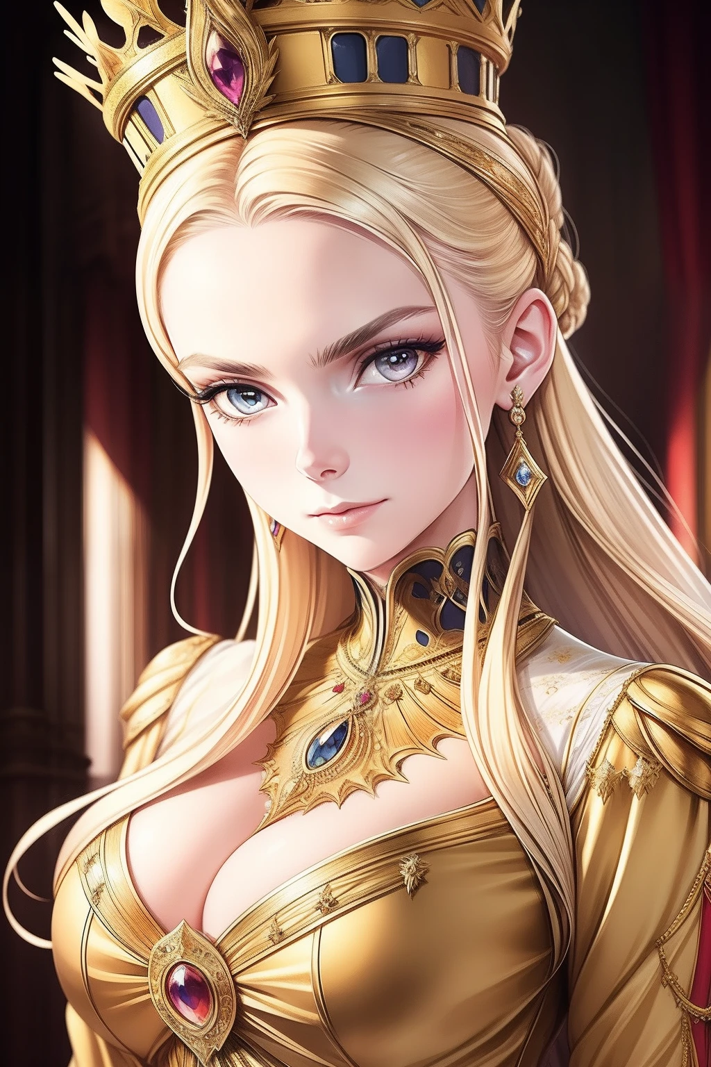Mid-shot beauty, French, 24 years old, (Pale:1.3) skin, Empress, Blonde hair straight hair in bun hairstyle, Large eyelashes, Self-confident, Serious, haughty, no-makeup, Beautiful body, Intricate Victorian costumes, In the palace, victorian age