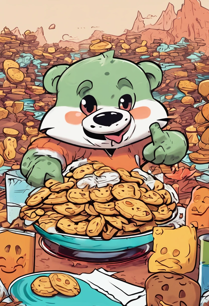 A close-up of a cartoon character holding a piece of food, small jaw, 千 葉 雄 大, Snack logo, The character is gulping, Potato chip cartoon,The name is crispy and chande