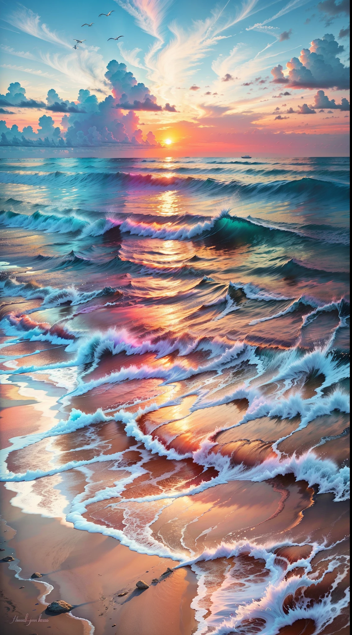 An absolutely mesmerizing sunset over the beach, with a blend of oranges, pinks, and yellows filling the sky. Crystal-clear waters of the sea gently kissing the shore, with sandy white beach stretching far and wide. The scene is dynamic and breathtaking, with seagulls soaring high in the sky and gently swaying palm trees. Take in the calming atmosphere and let the peacefulness wash over you.