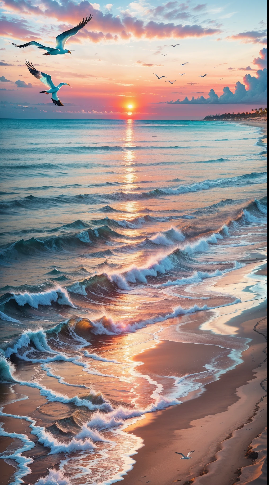 An absolutely mesmerizing sunset over the beach, with a blend of oranges, pinks, and yellows filling the sky. Crystal-clear waters of the sea gently kissing the shore, with sandy white beach stretching far and wide. The scene is dynamic and breathtaking, with seagulls soaring high in the sky and gently swaying palm trees. Take in the calming atmosphere and let the peacefulness wash over you.