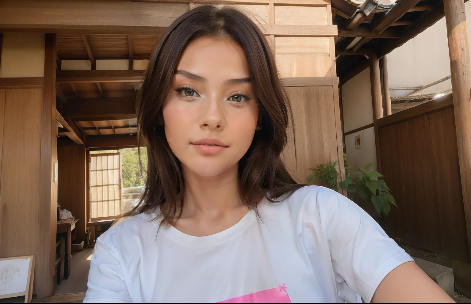Young brunette woman in Japanese t-shirt, selfie snapchat, pose naturelle proche visage, insta story
