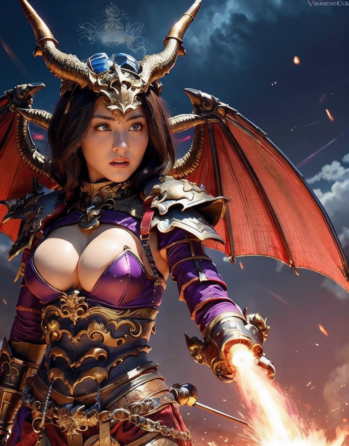 Professional , masterpiece、top-quality、photos realistic , depth of fields 、(Dragon Blue Metal Body:1.9),(Enamel purple、(cleavage of the breast)、Mystical expression、Dragon Gold Weapon、(Red Micro Bikini Armor:1.4),Gorgeous gold weapons ,Particles of light、(( Dragon's dense and gorgeous sword)) , (demonic wings)、((a blond))、(Castle background)、((Gangle's forest background))、((Fight dragons))、Beautiful Caucasian beauty、1a person、dynamic ungle,(((Detailed and ornate dragon helmet)))、Smaller head、A smile、Castle background、Thin and beautiful female hands、cleavage of the breast、Soldier in iron armor on background、Mystical expression、Light Effects、intense fighting、Wind-effect、magic circles、With the legendary magic wand、Dragon's tail、explosions、Anatomically correct body、