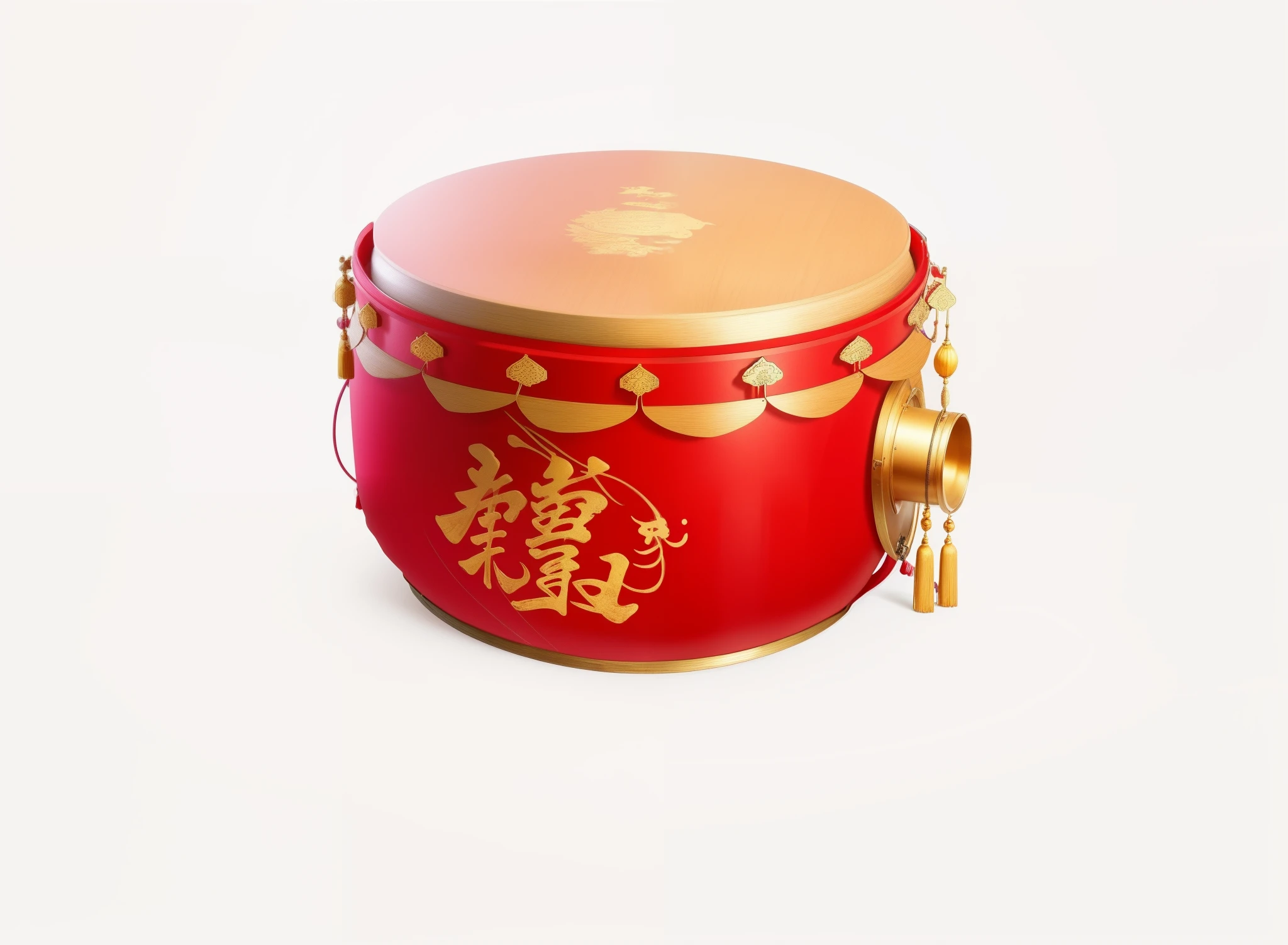 There is a red drum on it,It has gold decorations on it, mouse with drum, golden chinese text, Higher detailed illustration, Chinese style, Drums, Chinese New Year in Shanghai, instrument, Chinese traditional, High quality 3D realistic, high detail illustration, musical instrument, isolated on a white background, drum set, Chinese costume, Red and gold cloth, mouse holding a drum