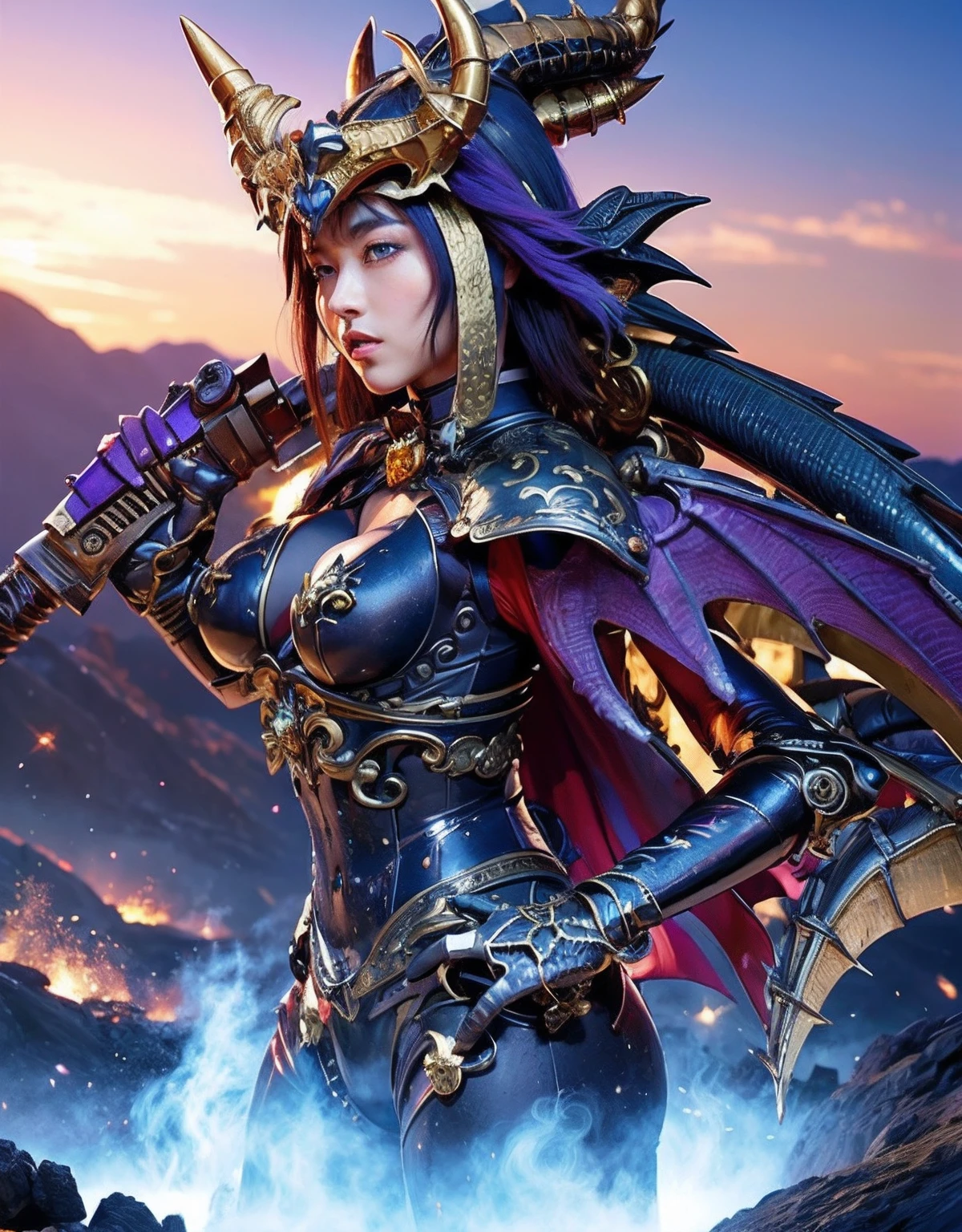 Professional , masterpiece、top-quality、photos realistic , depth of fields 、(Gemstone Blue Metal Body:1.9),(Matte Blue、Wind-effect、(cleavage of the breast)、Dragon Gold Weapon(Dragon Metal Body:1.4),Gorgeous gold weapons ,(Intimidating look)、Mystical expression、(( Dragon's dense and gorgeous sword)) , Ultimate Beauty 、((Blue hair))、(Castle background)、The dragon、((Gangle's forest background))、Beautiful Caucasian beauty、(1a person)、dynamic ungle,(((Details of the two demon horns on the head)))、Smaller head、A smile、Castle background、Thin and beautiful female hands、cleavage of the breast、Soldier in iron armor on background、Mystical expression、Light Effects、Wind-effect、magic circles、With the legendary magic wand、(demonic wings)、(Blue hair)、(1 persons)、Battle Look、Anatomically correct body、Toostock、Toostock、