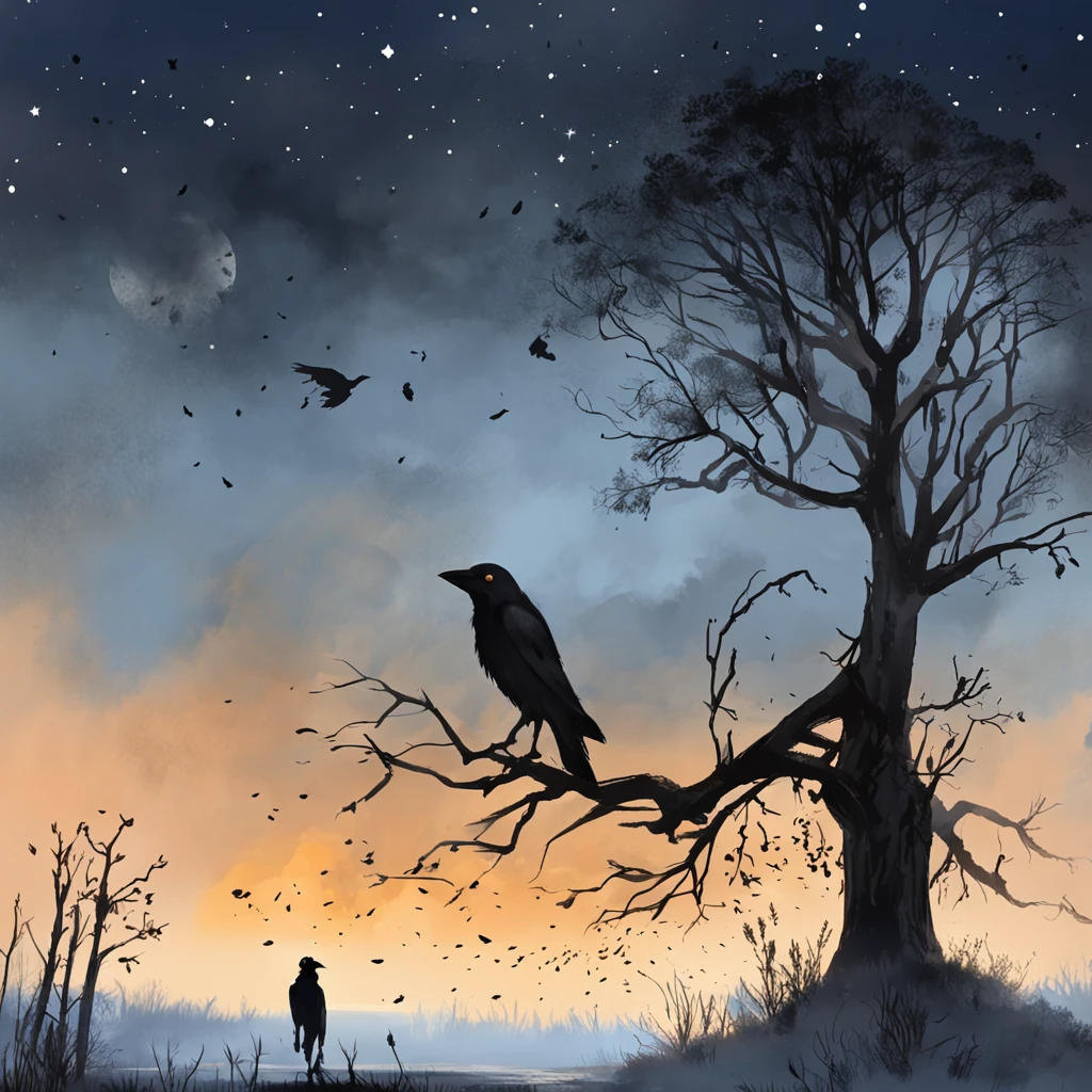 A crow on a dead tree, The crow is rich in detail and realistic，Shaped like a walker's shadow, There is a rabbit under the tree，He was looking at the crow with his head held high，Starry night, Thick fog on the ground, Blue light on the horizon, Unreal Engine5, Cinematic, low angle photo, Motion blur, depth of fields, Dust, Pebbles and soil. Splash Art, dripping paint. Perfect color grading. Carel Appel and Jeremy Mann's influence, Many dramatic and threatening scenes, ultra - detailed, Beautiful, insanely details, Intricate details, editorial photography, shot with a 50mm lens, depth of fields, Tilt Blur, Shutter speed 1/1000, f/22. Lightmaps, Super bright