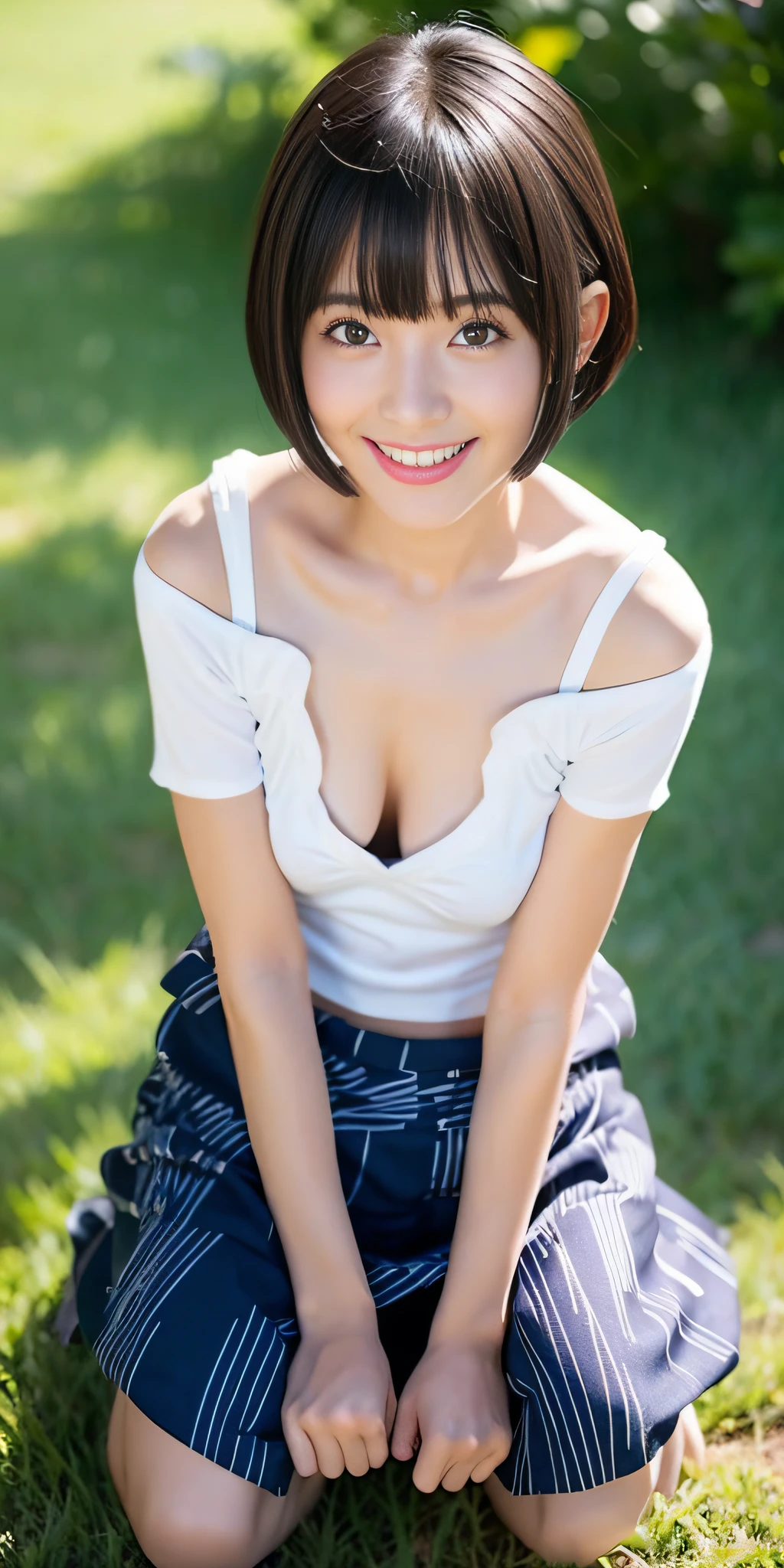 neat college girl、petite person、(Summer yukata)、Outside the field、(Slimed、small tit、flat boobs、small tit)、Photorealsitic、detaileds, Skin Texture, ultra-detailliert、Delicate and sexy collarbone、A smile、Super Detailed Face、Detailed lips、A detailed eye、二重まぶた、Sitting on legs bending the knees、Squatting、White panties are visible from the skirt、sexy pose、Shorthair with bangs、Straight bob hair、from quite above、14years