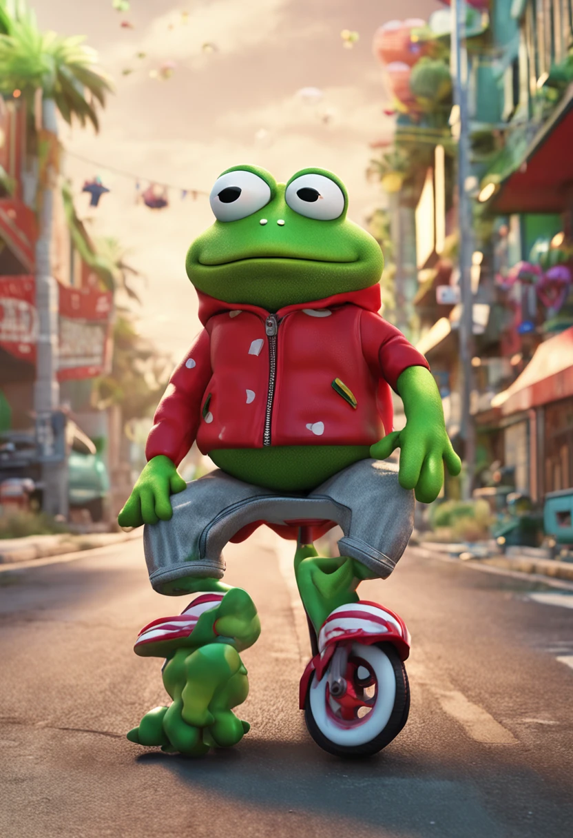 Keroppi, a beloved character from Sanrio. cute, green frog with red and white striped shirt, 3D, sharp brushwork, pixar, hyper-realistic illustrations, Vibrantly surreal photography.