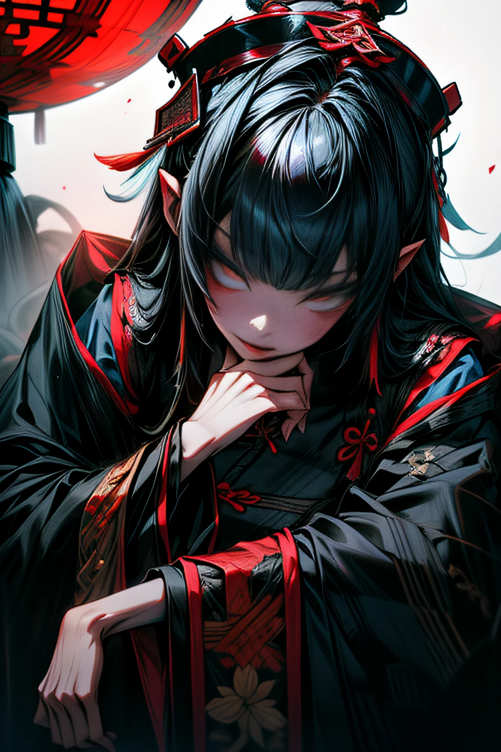 Chinese Gothic Punk、JIANGSHI style,Daughter of the Chinese emperor、Overwhelming intimidation、Put your hands in your sleeves,(Comic Noir Style),(linear art_Anime),(solid color_highcontrast),(masutepiece, Best Quality, ),(Laura Bad Picture:1.2),(Lora Add Details:1.2),8K, Flat color:1.2,1girl in,JIANGSHI QUEEN SITTING ON A CRIMSON THRONE WEARING A HEAVY CLOAK,JIANGSHI,BEAUTY JIANGSHI、Very long hair、Chinese Opera style makeup,Luxurious costume with beautiful embroidery_Dragon and phoenix embroidery:1.2,(lora:add more detail:1.2)