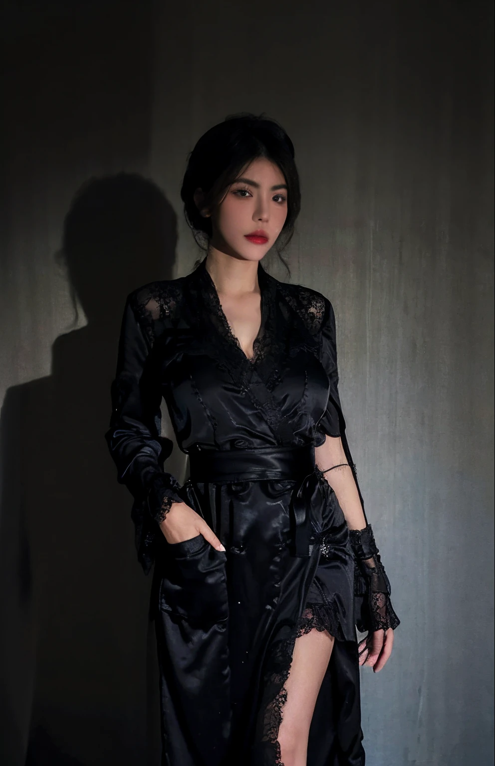 Best Quality, Masterpiece, Ultra High Resolution, (Photorealistic:1.4), Original Photo, 1girl, ((Black Lace Dressing Gown)), ((Big Breasted)), Cool Light