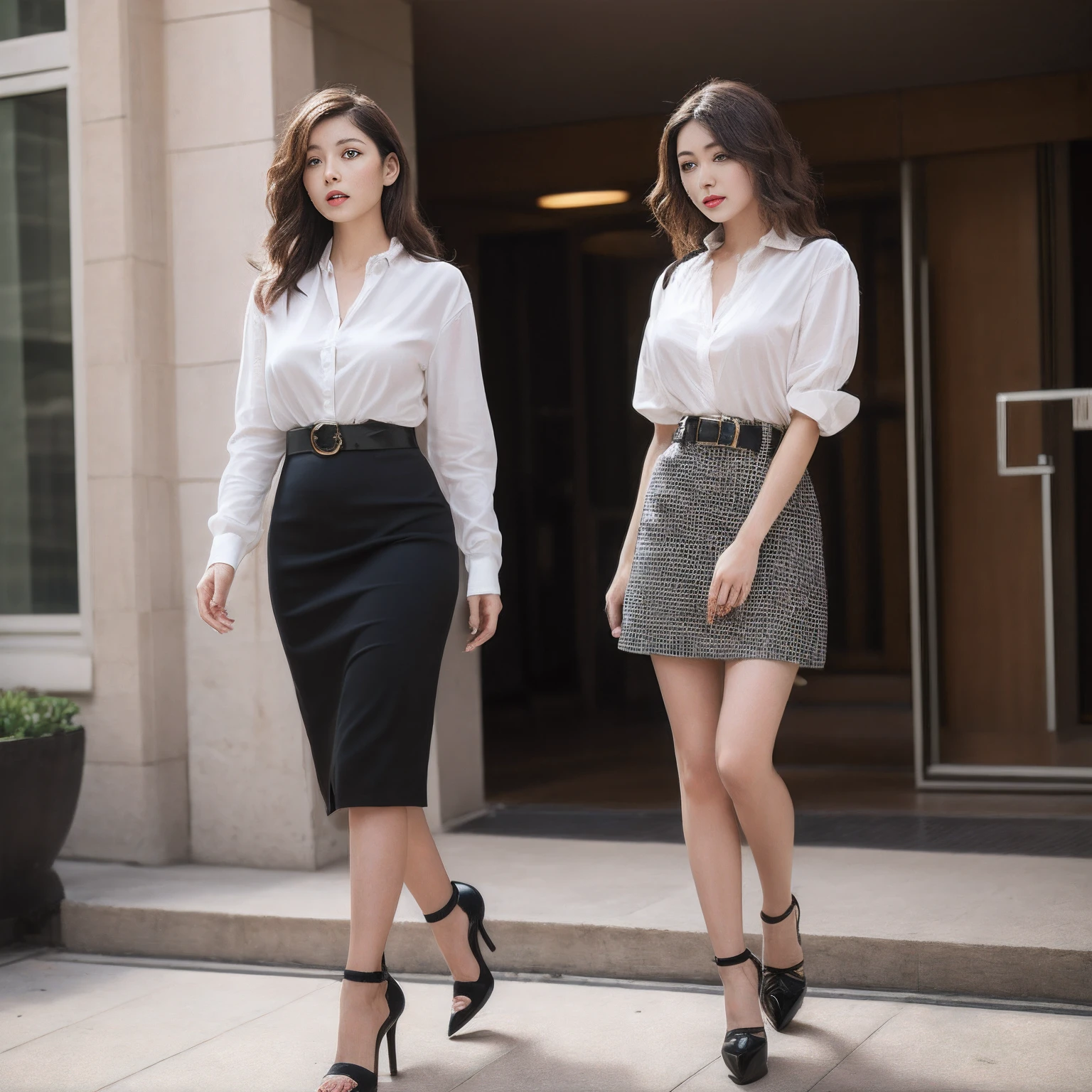 (top-quality、hight resolution、​masterpiece:1.3)、Tall and cute woman、Slender Abs、Full body image walking、All faces are in the picture、Dark brown hair styled in loose waves、breasts out、Wearing a pendant, black button-up shirt、a belt、Black leather tight skirt, ((sexy black high heels)), (Modern architecture in background)、Details exquisitely rendered in the face and skin texture、A detailed eye、二重まぶた、Thin legs