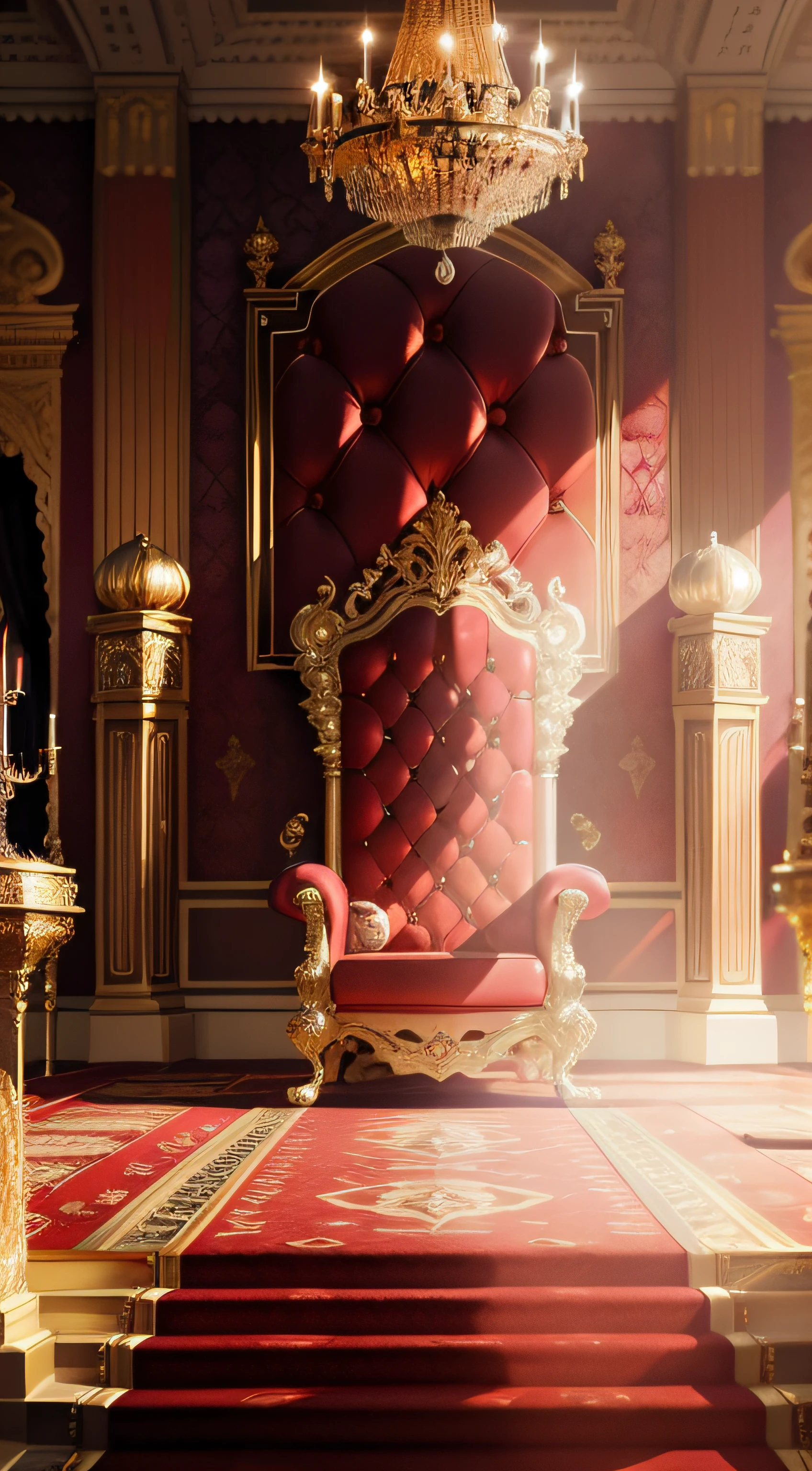 Diamond throne in the center of the front, Many pillars of gold, chandeliers (neighborhood), Red carpet and gold trimming Alafed Room, Royal Interior, exquisitely designed throne room, Inside the palace, Royal Palace Interior of Buckingham Palace Interior of ornate rooms Decadent throne room Red room Throne room Red carpet floor Luxurious surroundings Majestic aesthetic baroque interior