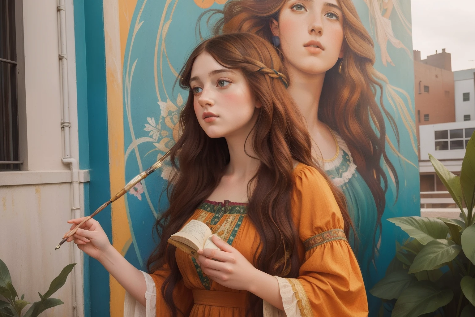 Invoke the Pre-Raphaelite style to depict a age girl with flowing hair, wearing a bohemian-style dress, engrossed in painting a vibrant mural on the side of a modern building, infusing urban life with artistic whimsy.