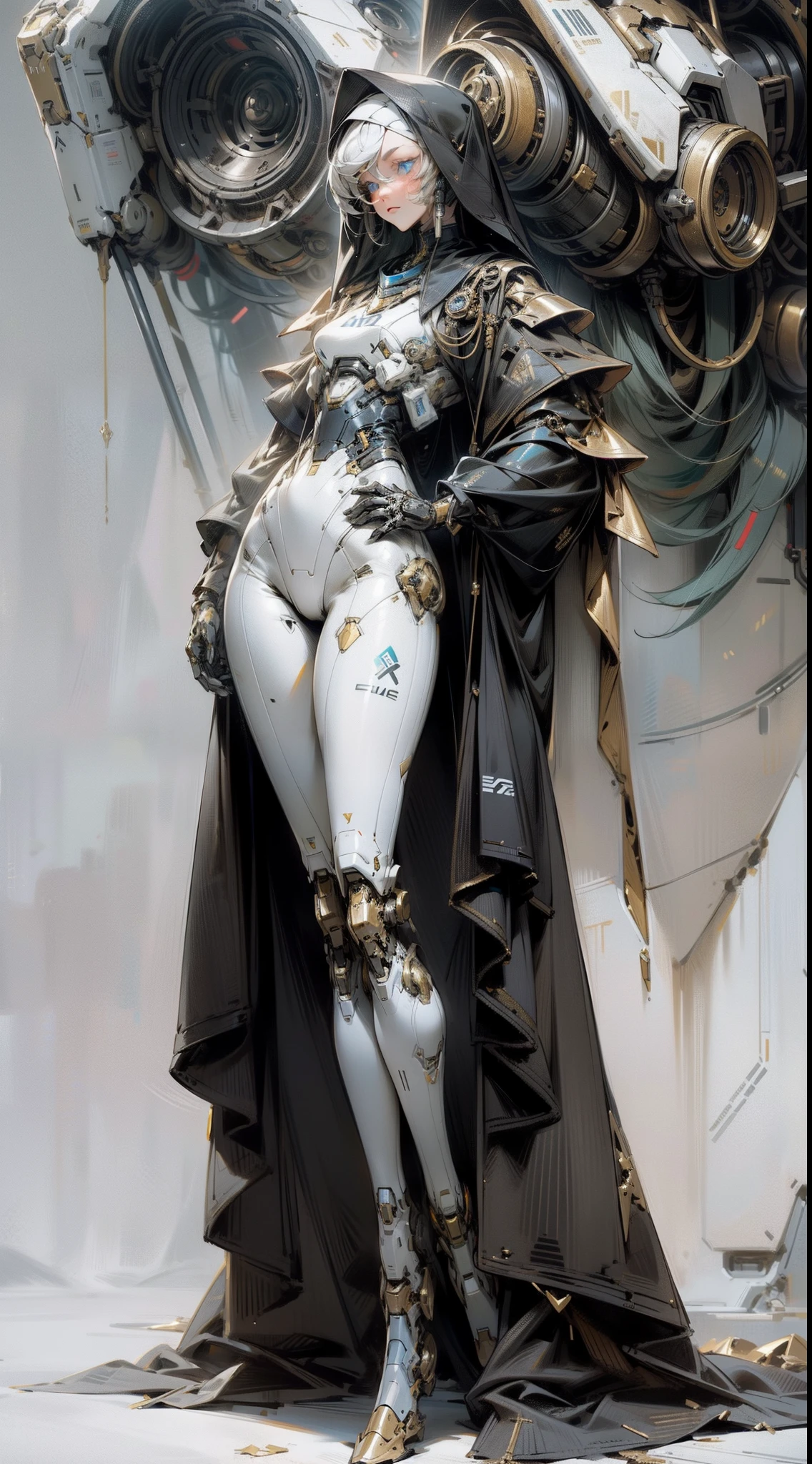 Elegant girl, A mech girl, Full body portrait, Humanoid nun mech, Dark, and -fi, postapocalypse, Sky blue eyes, A mech with a good style, extreme detailed details, Realistic, Black and gold, beautifullegs