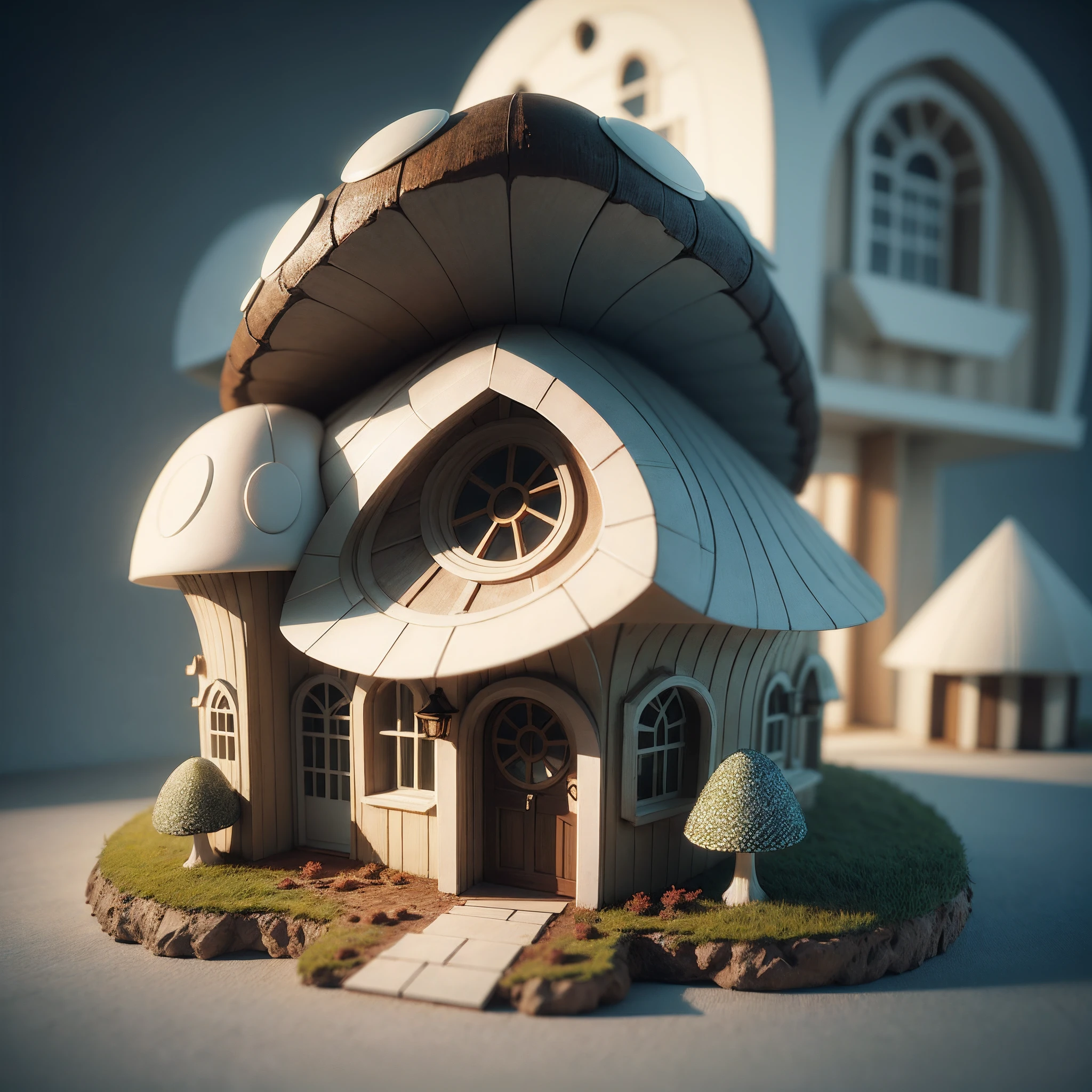 A house inspired from an mushroom shape (3d render, typography, cinematic, colour)