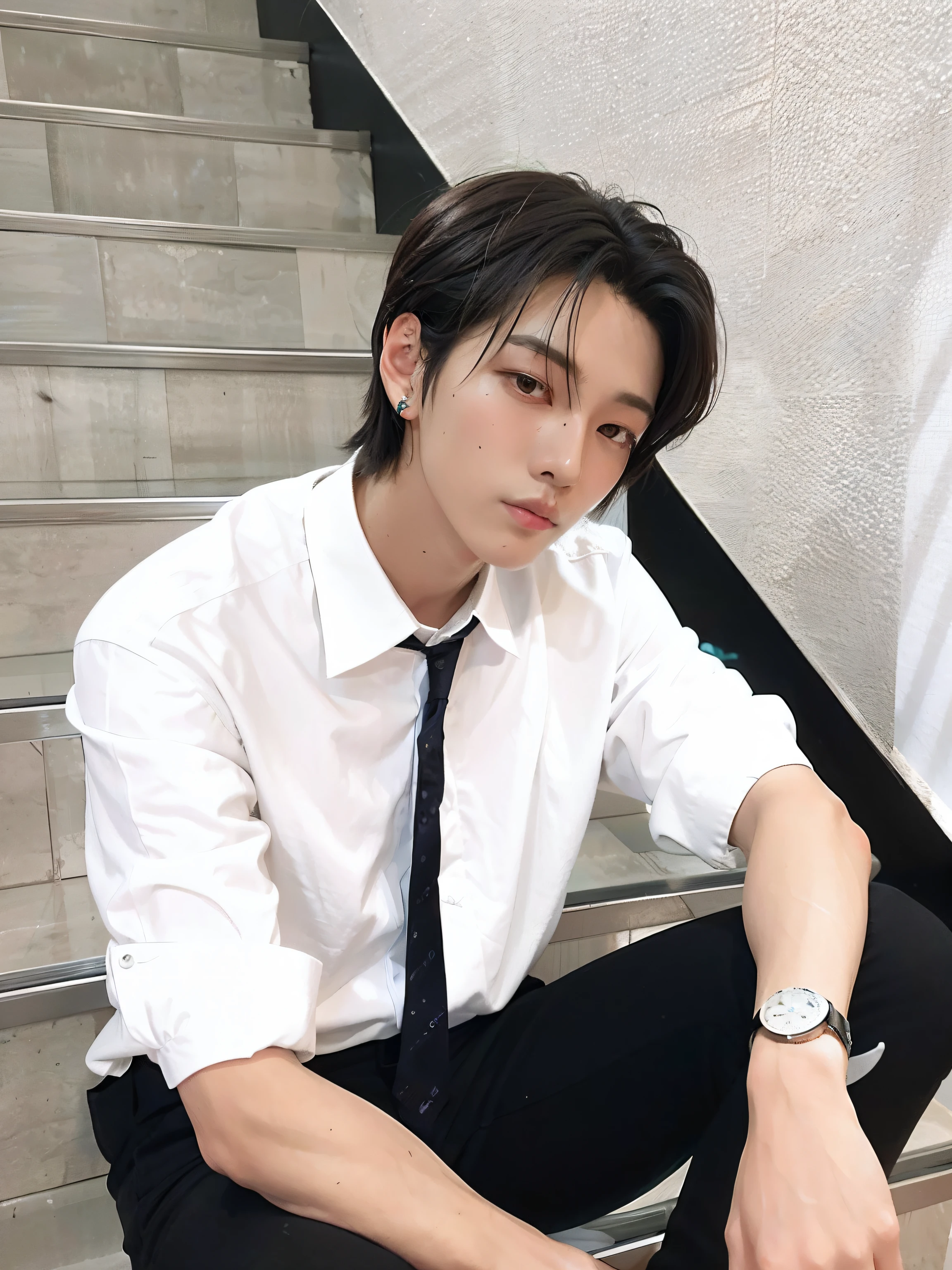 There was a man sitting on the stairs,Wear a watch on your wrist, Cui Ranjun,Male ulzzang, Delicate androgynous prince, hyung tae, yanjun cheng, Beautiful androgynous prince, With long hair, with his long black hair, korean artist, with same hairstyle
