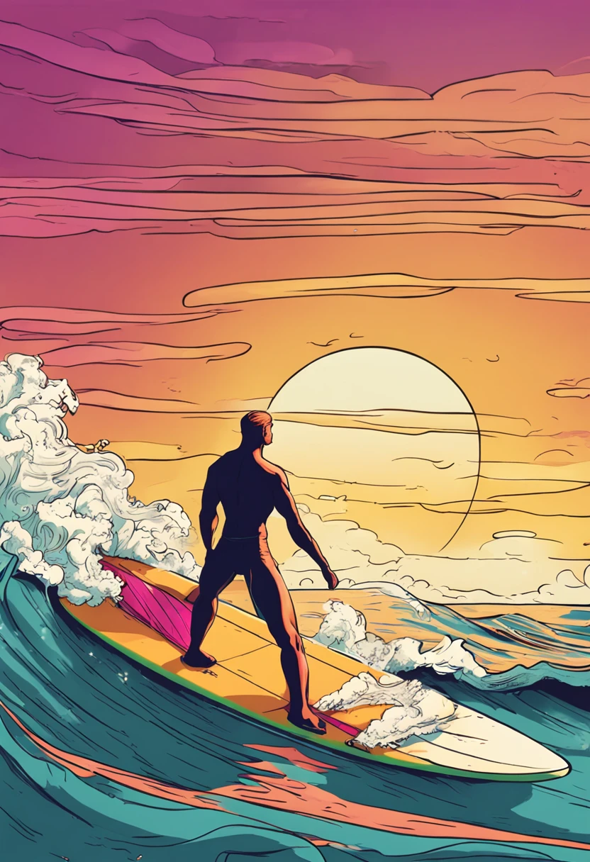 Male character surfing, suns, Mare, vague, a blond, Long hair,