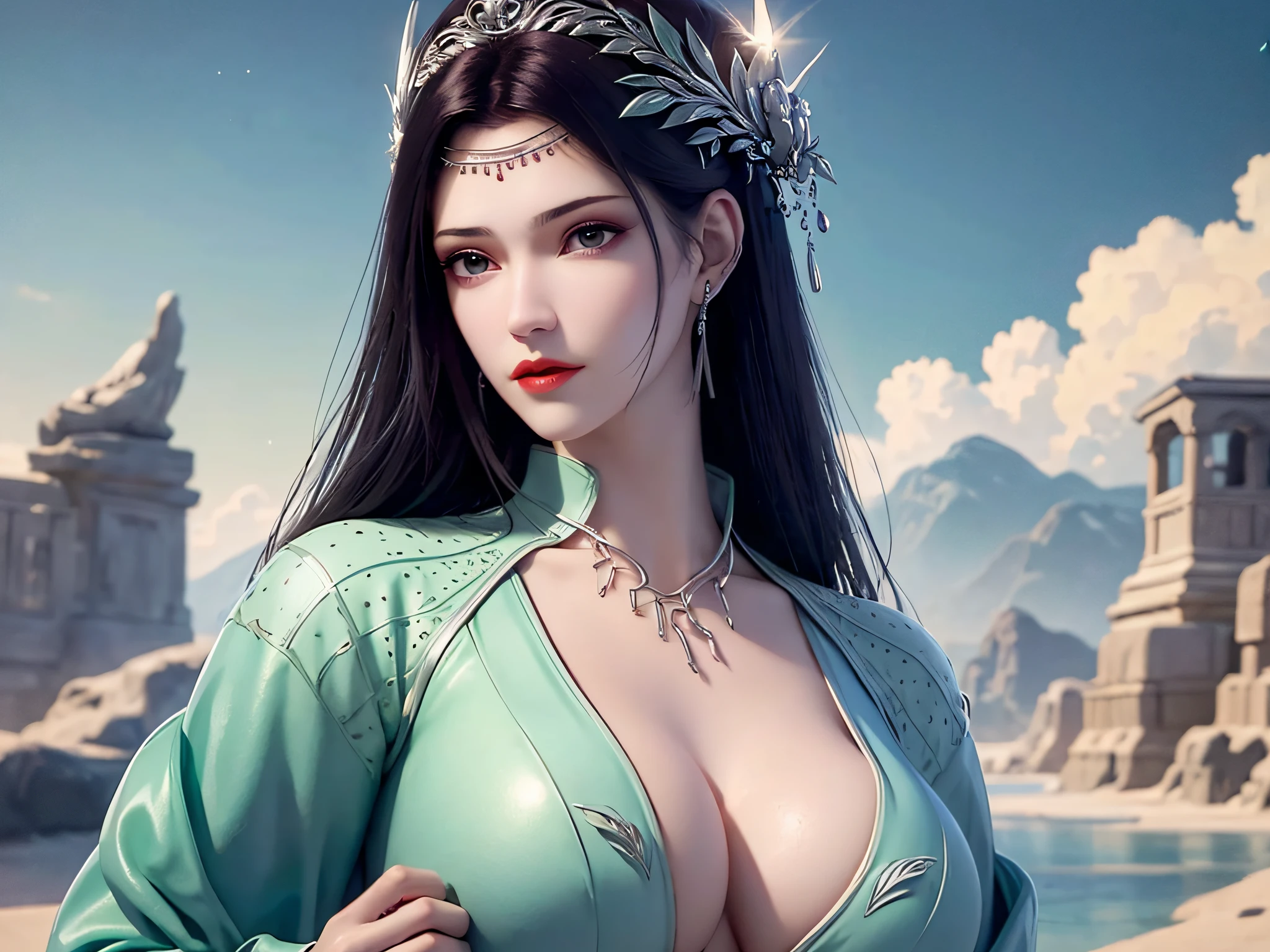 Mature woman, gigantic cleavage breasts, ((Super breast lift:1.4)),cleavage,Protruding ,Erotic lingerie,Suspenders,Multiple sexy black lace details,Elegant and beautiful female saint style glitter, Dark and mysterious version, The crown of the Holy Queen, Zhu lips, thin and beautiful lips, don't smile, Keep your mouth shut , characters created by karol bak and pino daeni, Intricate details, Detailed background, Extremely detailed, Ghost of the Sage, (Pure face,No flaws: 1.9), Holy female body . (big round eyes and very beautiful and detailed makeup: 1.8), meticulous makeup, Silk dressing gown, Mysterious makeup, Bracelet, bangs and dyed light blonde, full bodyesbian , (Saints on the body): 1.8), drooping arms, hiddenhands, Vivid realism, (The stars that make up the sky: 1.7), (The best paradise and gate: 1.8, high resolution, The best quality timeless art novel, best photos, Super cool 8K, 8K quality, Surreal, Best real life photos, Goddess of art photo, 1 sage icon as background, Portrait of a saint, truest color scheme, best photo color, Masterpiece, Hair decoration, necklace, jewelry, Pretty face, Brand effect, Realphotos, pink details: High, DS White, Light LR , Soft light, High quality, Amount of light, candid, Photo , high resolution, 4K quality, Super 8K, Bokeh, Smooth and sharp, 10x pixel increase, Sexy goddess, Sexy goddess, (background space: 1.8), (milky ways: 1.7) ), aurora, Lightning, (The most beautiful aurora eyes and dazzling eyes: 1.8), Beautiful eyes