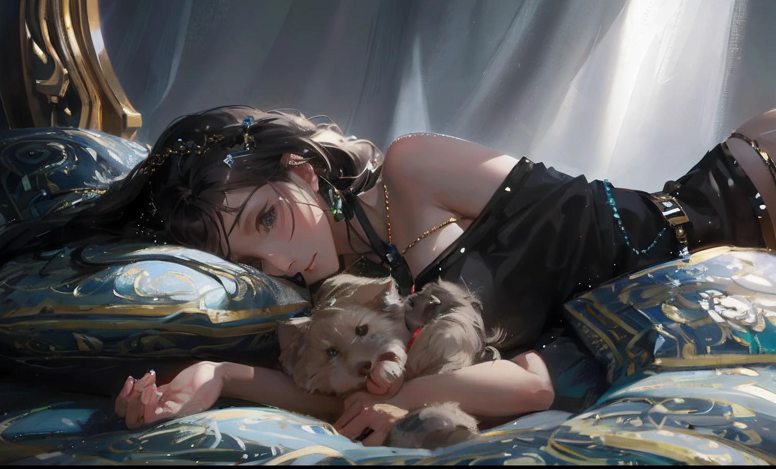 there is a woman that is laying down on a bed,(Best quality at best),A half body,(ultra intricately detailed),(Highest definition),(8K),(Clean lines),(Perfect facial features,Perfect flesh),Kind maiden,Unadorned,Simple,Silk clothes,nobles,silver-white long hair,Cool-headed expression,(medieval times),goddes,Descendants of God,goodness,Stay organized,righteous,