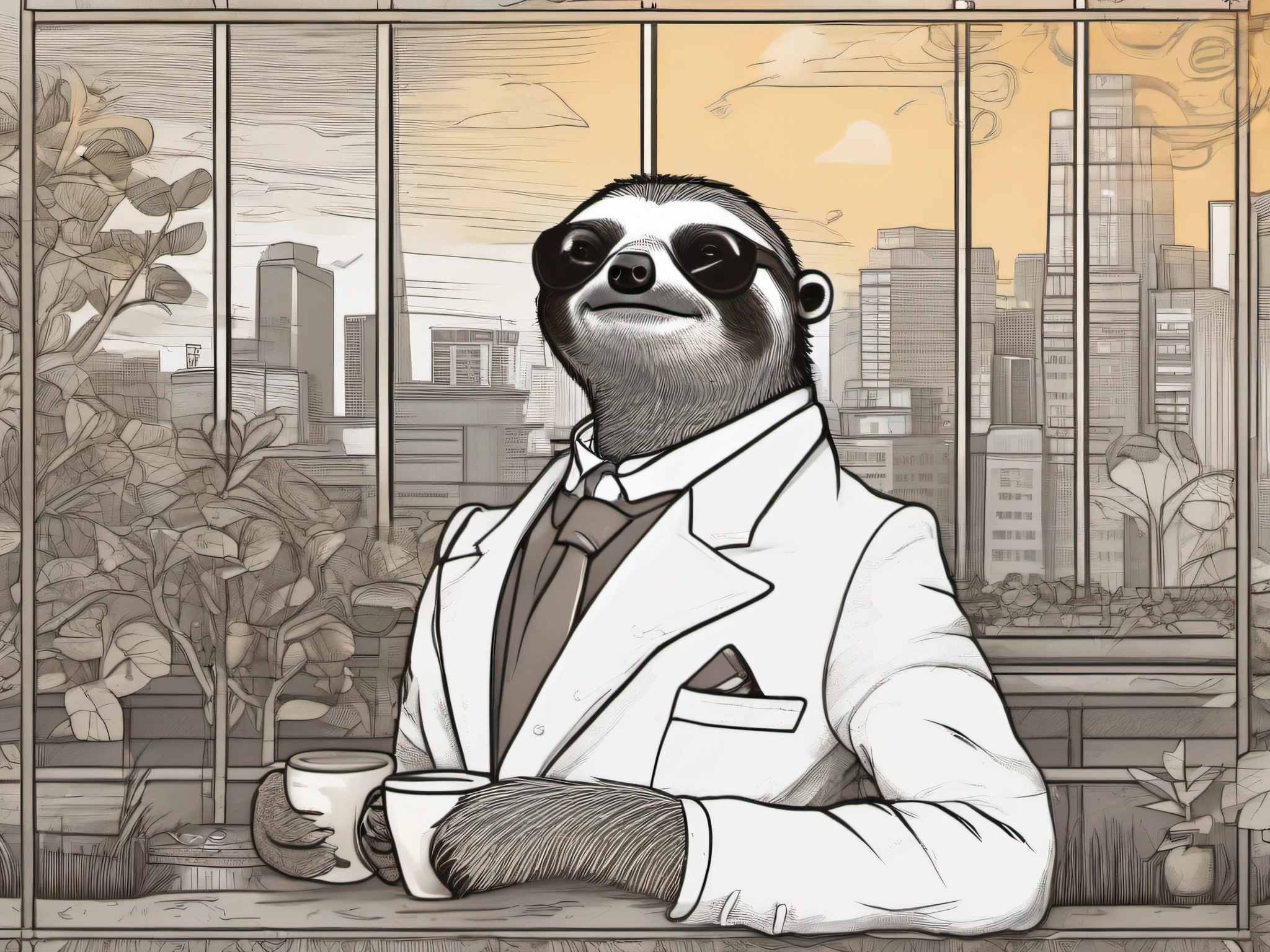 A dapper sloth dressed up in fashionable business attire hangs nonchalantly from a sturdy branch, sipping on a cup of steaming hot espresso. It is looking down at the bustling metropolis below while casually enjoying the fresh coffee. The early morning sun rays gently filter through the dense foliage around the sloth, casting warm golden light onto the scene.