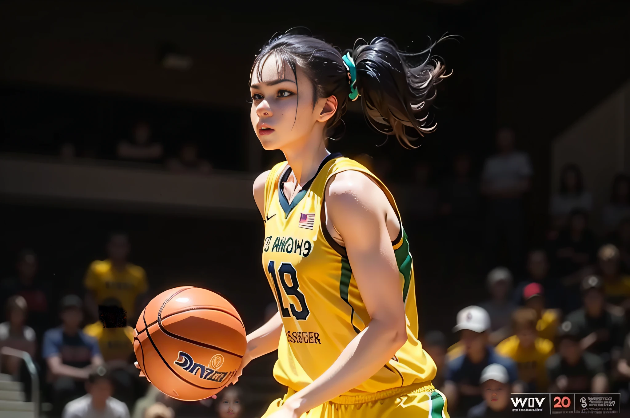 There is a girl posing for a shoot,Basketball in one hand,There is no basketball in the other hand,basketball player,Wear a basketball shirt,slender figures,with white hair in a braided ponytail,On the gymnasium basketball court,photo from the olympic games,Best anime 4k konachan wallpaper, Detal Face, full bodyesbian, Guweiz on ArtStation Pixiv, Realistic anime 3 D style, Badass anime 8 K, Guweiz in Pixiv ArtStation, trending on artstation pixiv, Guviz-style artwork, style of anime4 K, right buttom no words,