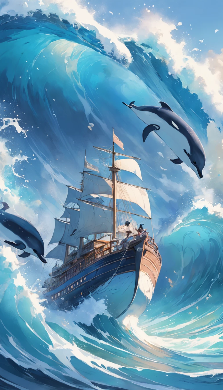 Repaint in a blue tone, Blue sky, Blue ocean,Jumping dolphins, Penguins reading on a boat, Highly detailed watercolor 8K, Highly detailed watercolor 8 K,octane,Sona,Realistic,8K,Shinkai Makoto style( reasonable design, 清晰的线条, High sharpness,Best quality, Very detailed, Master parts, movie light effect, 4K )