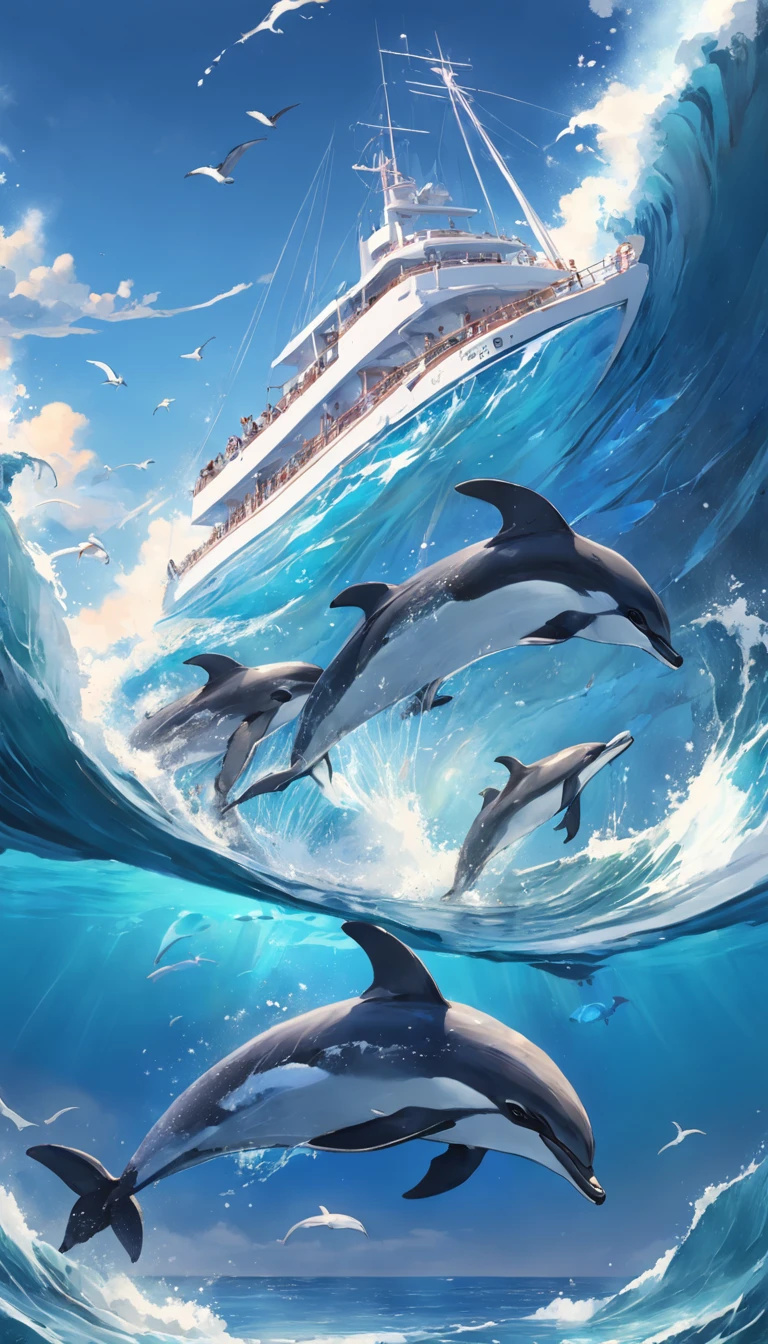 Repaint in a blue tone, Blue sky, Blue ocean，Jumping dolphins, Penguins reading on a boat， Highly detailed watercolor 8K, Highly detailed watercolor 8 K，octane，Sona，Realistic，8K，Shinkai Makoto style( reasonable design, 清晰的线条, High sharpness,Best quality, Very detailed, Master parts, movie light effect, 4K )