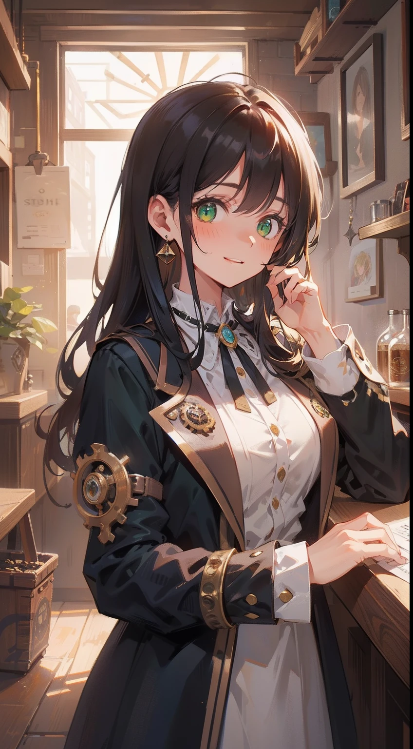 (masterpiece), (best quality), ultra high res, upper body, (from ground), (steampunk theme:1.3), volumetric lighting, ((1 mature woman, solo)), very stunning and gorgeous mature woman, beautiful detailed hair, chestnut brown hair, smooth long hair, flowing hair by wind, beautiful detailed face, perfect feminine face, ((beautiful shape eyes, green eyes)), comfortable face, smiles, looks at the viewer, feminine steampunk black and white outfit, in the steampunk restaurant, at the evening time