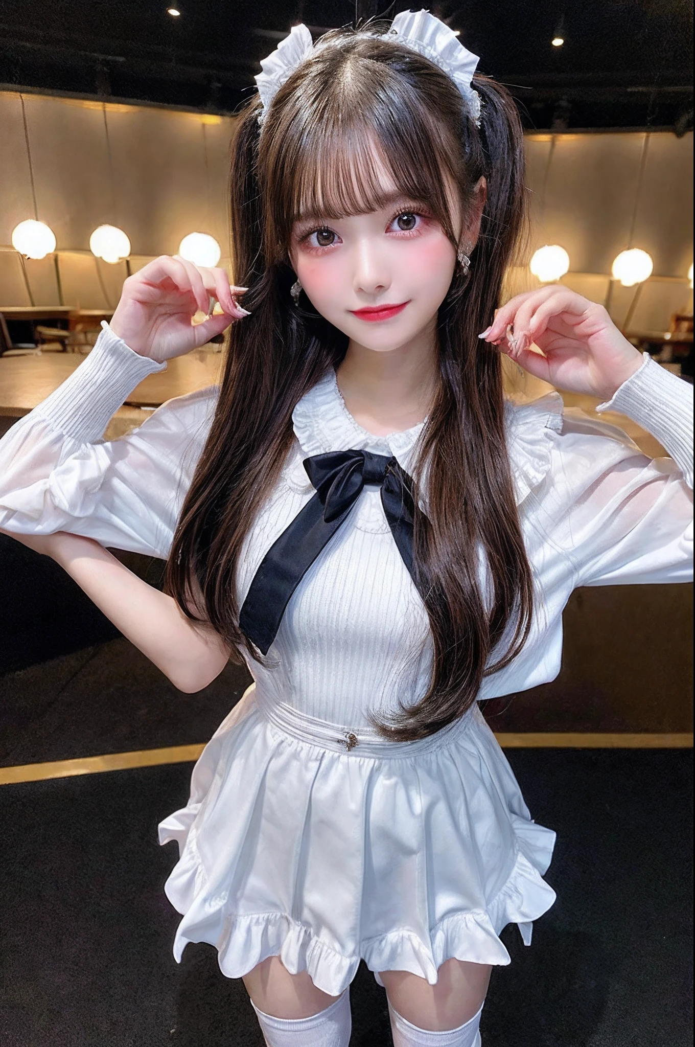 full body Esbian,Many piercings,bangss,top-quality,ultra-detailliert,masterpiece,realisitic,Photo Real,Bright lighting,1 girl in, (kawaii:1.2),Thin smile, (Brown eyes),(bangss),perfect glossy skin,flawless skin,large full breasts,((accurate hands without incongruity)), big breasts thin waist, Look at viewers,full body Esbian,Idol Costumes,dress with ruffles,knee high socks,stage,illuminating,Eye lashes,dual, girl,a baby face,ir,