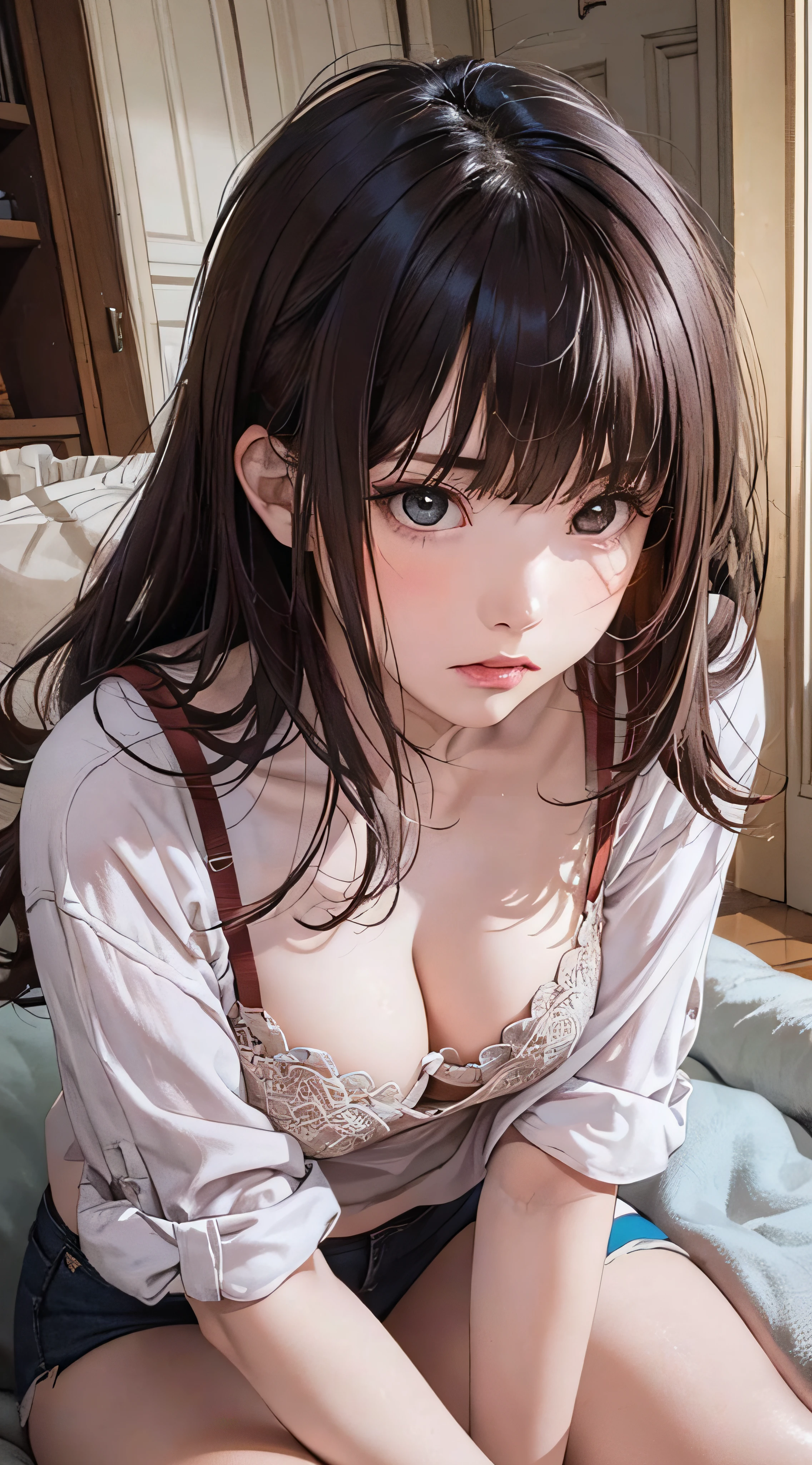 (1girl:1.3), cinematic light, (masterpiece, top quality, best quality, official art, beautiful and aesthetic:1.3), extreme detailed,highest detailed,(ultra-detailed),((an extremely delicate and beautiful)), ((Crouch down on dark night on the floor of the apartment)), from above, solo, breasts, silky long hair, (brown hair), Casual clothes, pink Lace inner, open breast, 26 years old, unsteady gaze, torn clothes, anxious, embarrassed, (looking up:1.4)