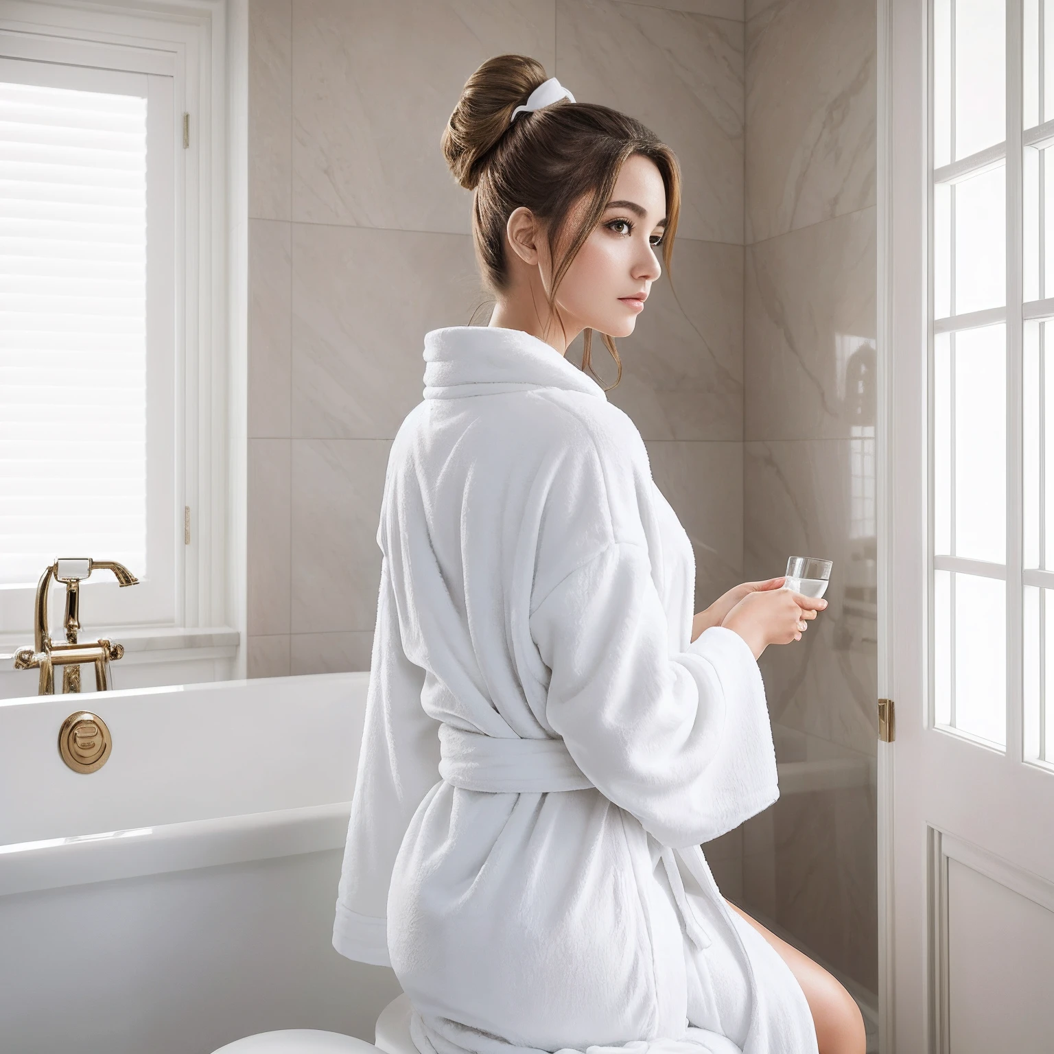 Uma mulher modelo com cabelos loiros amarrados ponytail e altamente detalhada), wearing white bathrobe (rosto de alto detalhe), (cabelos LOIROS muito longos), best quality, ultra high-resolution, (fotorrealista: 1.4), Rim lighting, Facing the woman in the bathrobe coming out of the full-length white bathrobe showing the seat in the bathroom and bubble tub up close, luxury glamour bathroom, golden bathroom with white backdrop