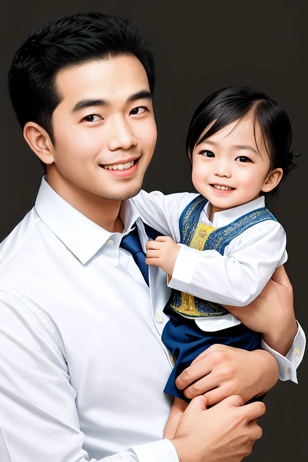 rich office worker, male, Holding a child, smile, The background is the coast, resort