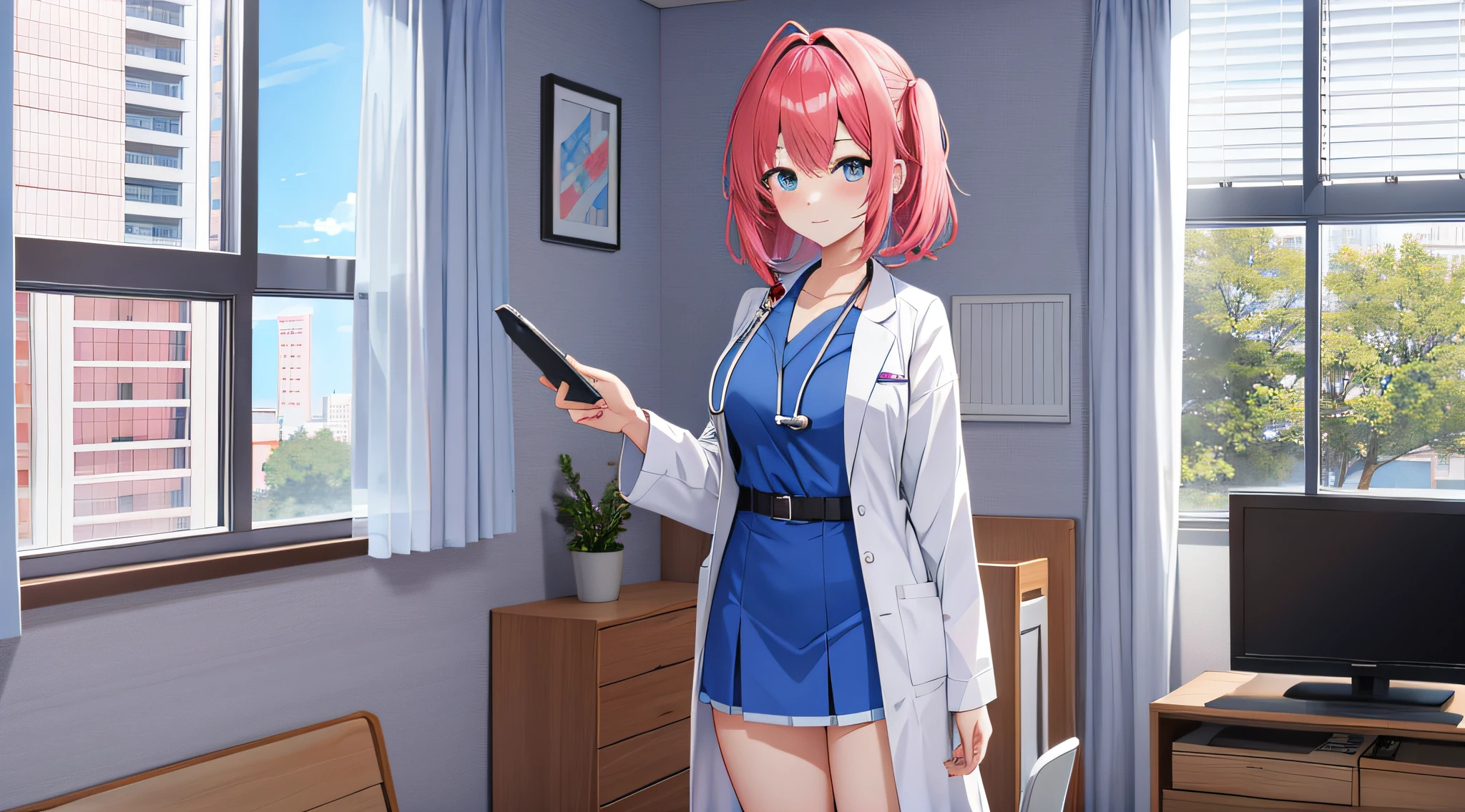 Inside the ward,There are beds,Anime girl in short skirt standing next to the window, nurse girl, with a stethoscope, doctor, (doctor), seductive anime girls, Beautiful anime girl, attractive anime girls, 4k manga wallpapers, (Anime girl), 4K anime wallpaper, Anime girl, style of anime4 K, With a lab coat, Anime art wallpaper 8 K, Anime girls