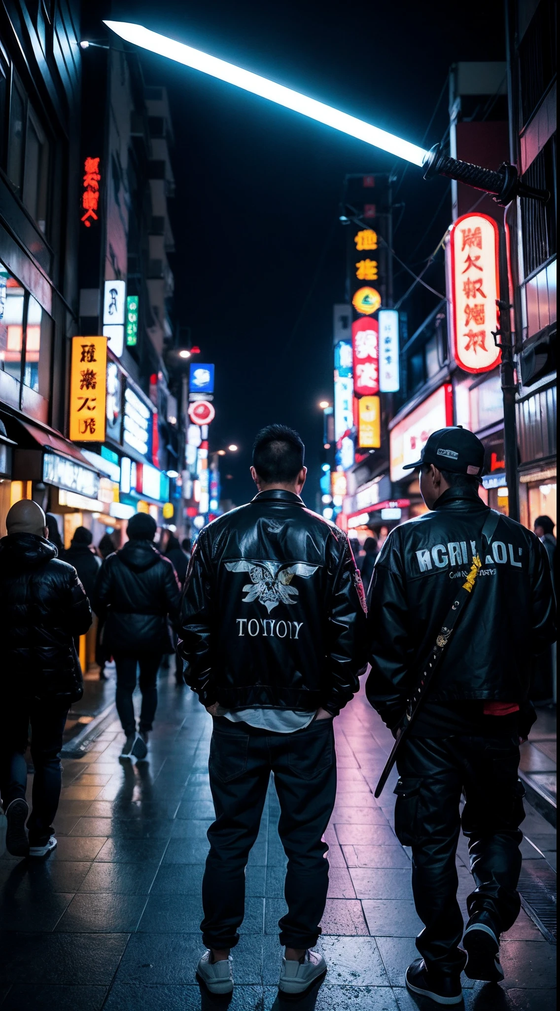 A photograph of a Japanese gang members in the night Tokyo street, neon signs all-around, katana sword, dark, contrast, japan 80's colors, dark background, contrast, (cinematic light), (full frame DSLR Canon camera), 85mm macro, (f1.8), (ISO 1200)