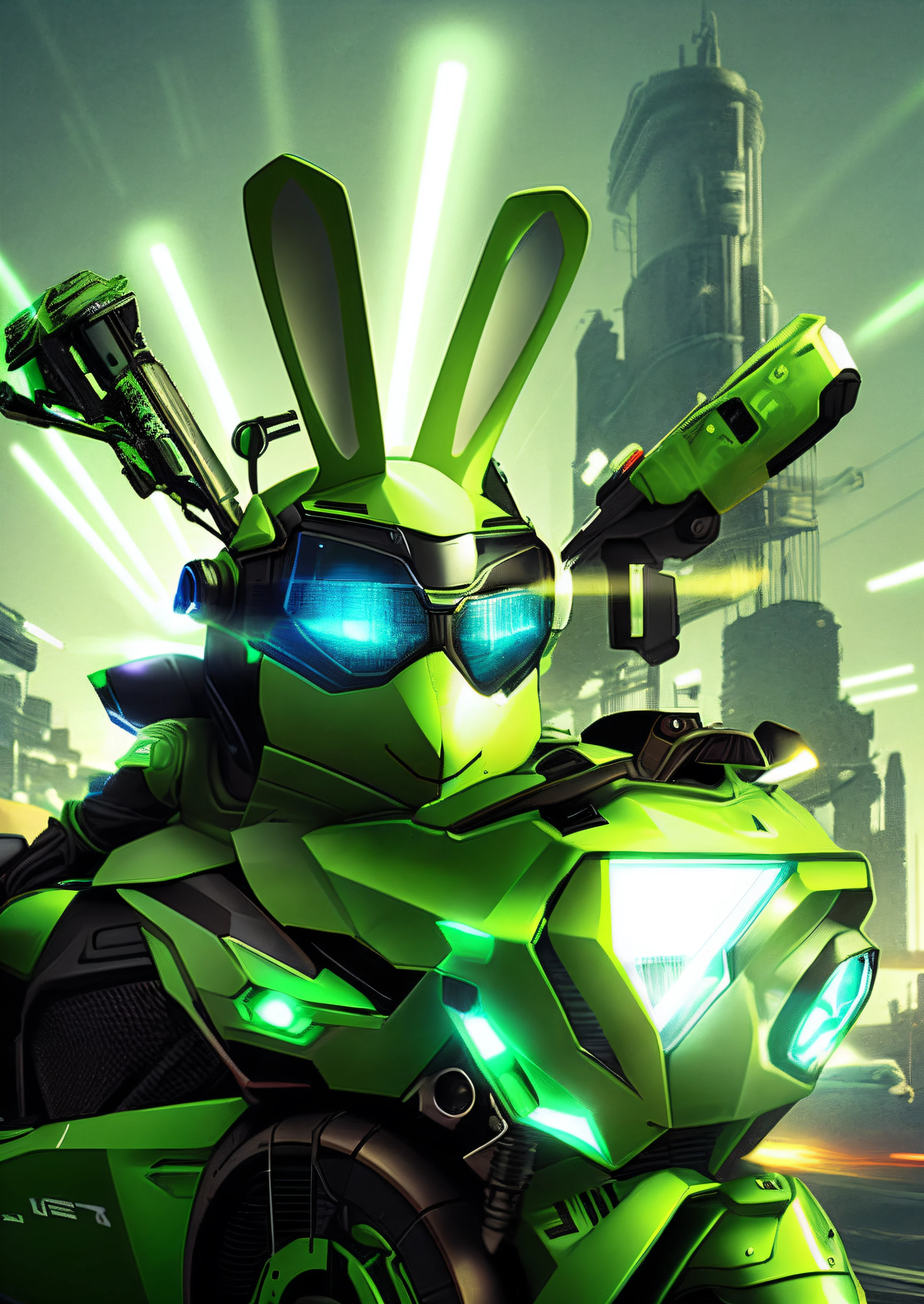 Cute rabbit on motorcycle,bunnypunk, rabbit robot, Wearing sunglasses, Rabbit with a gun on his back, Rabbit with gun in hand, Cyberpunk, Futuristic,sense of science and technology,depth of fields,ruined architecture,Cinematic texture,Light sense,Lots of detail
