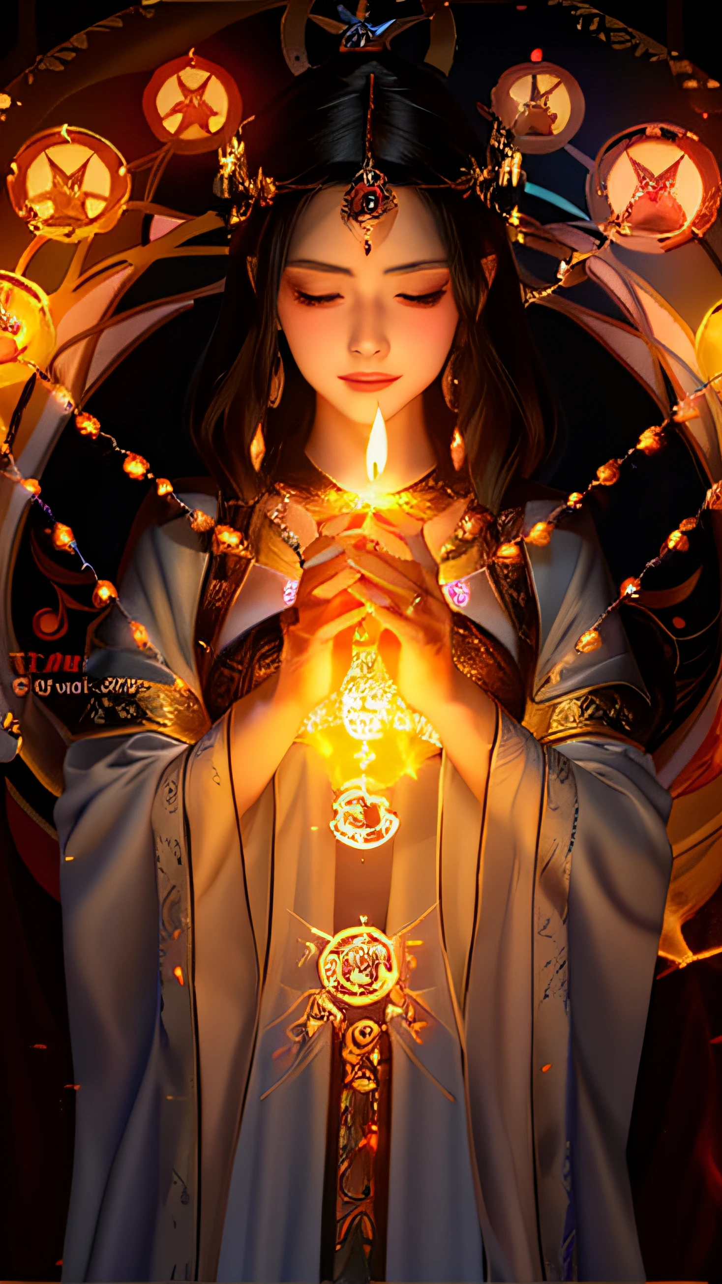 Woman in black dress holding candle in hand, holy flame spell, goddess checking her phone, Mahila Khan as a mage, Xianxia Fantasy, elfic priestess, Spell of the Crown of Holy Flame, appears as the fire goddess, a beautiful fantasy empress, priestess, ((a beautiful fantasy empress))