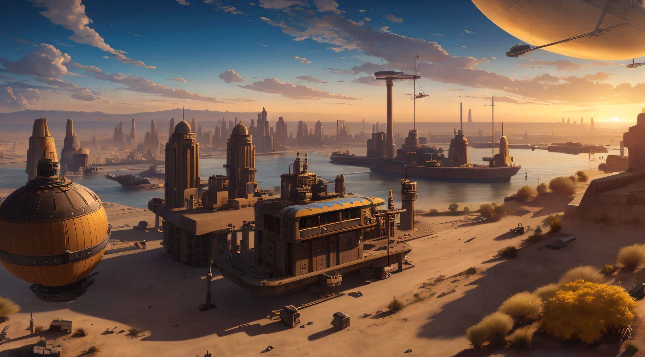 there is a picture of a futuristic city with a lot of buildings, matte painting of steam machines, 3d rendered matte painting, in a sci-fi shipping port, dieselpunk setting, dieselpunk atmosphere, golden steampunk city atmosphere, 8 k matte painting, 8k matte painting, game art matte painting, illustration matte painting, matte painting concept art
