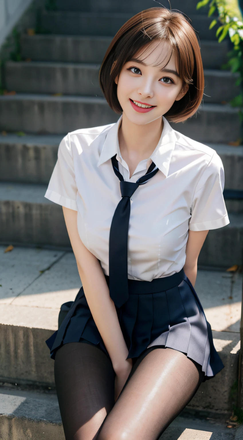 Korean School Uniform、Summer School Uniform Shirts、Tight shirt、Ribbon tie、skirt by the、Schools、stairs at school、Emphasize your chest with both arms、Slender big、8K raw photos、hight resolution、age:18 、Korea person、Eye of the cut、very large round breasts、beautiful eyes finely detailed、long eyeslashes、Beautiful double eyelids、eye line、big eye、elongated eye shape、Sanpaku eyes、Beautiful and thin legs、Beautiful and thin thighs、Random Shorthair、Tie your hair behind your head、耳Nipple Ring、light brown hair、(Wearing pantyhose)、The thighs are erotic、((Look up and smile))、Seiza、Bend your knees to touch