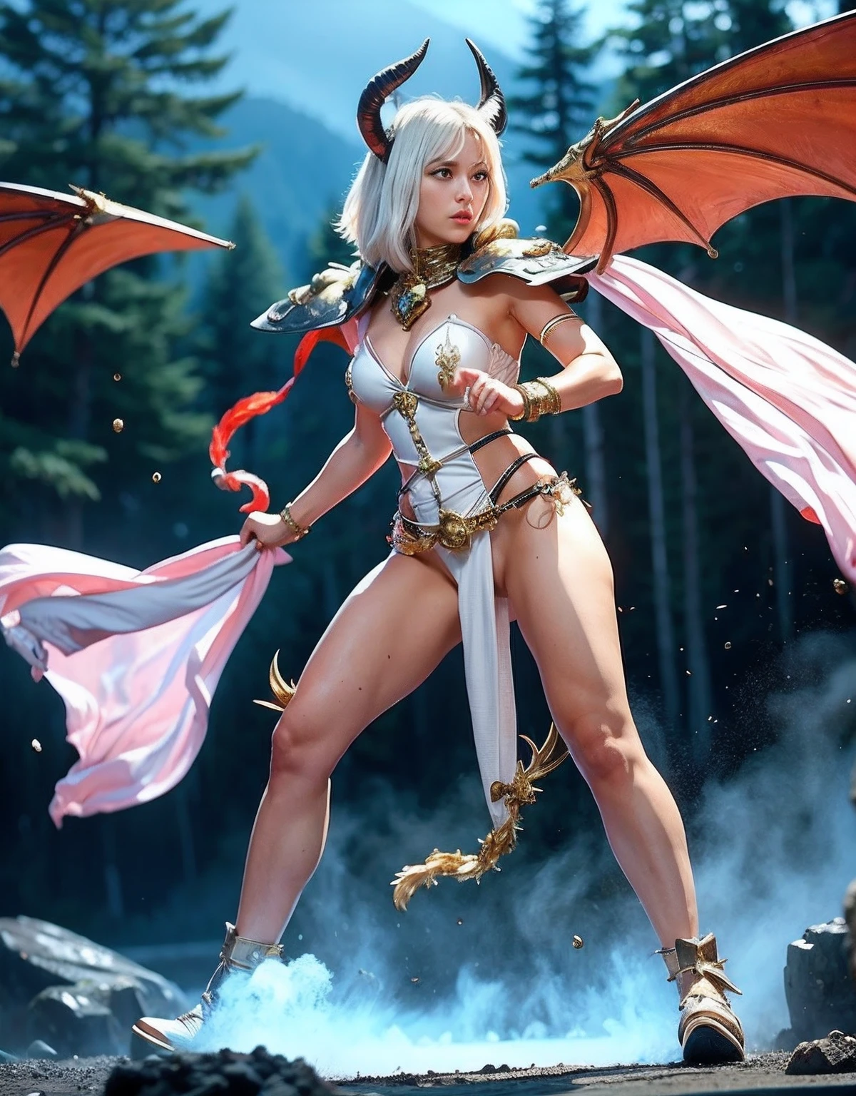 Professional , masterpiece、top-quality、photos realistic , depth of fields 、(White bikini armor)、(Mystical expression)、((Fight dragons)),Jewel Gold Weapon、Particles of light),Gorgeous gold weapons ,(( Gorgeous Dragon Sword)) , (Hold the Devil's Hand),,(maikurobikini) 、((White hair))、(Castle background)、(demonic wings)、((Gangle's forest background))、Beautiful Caucasian beauty、1a person、dynamic ungle,(((Two devil's horns on the head)))、Smaller head、Idle Smile、Thin and beautiful female hands、Mystical expression、Light Effects、intense fighting、Wind-effect、magic circles、With the legendary magic wand、Dragon's tail、