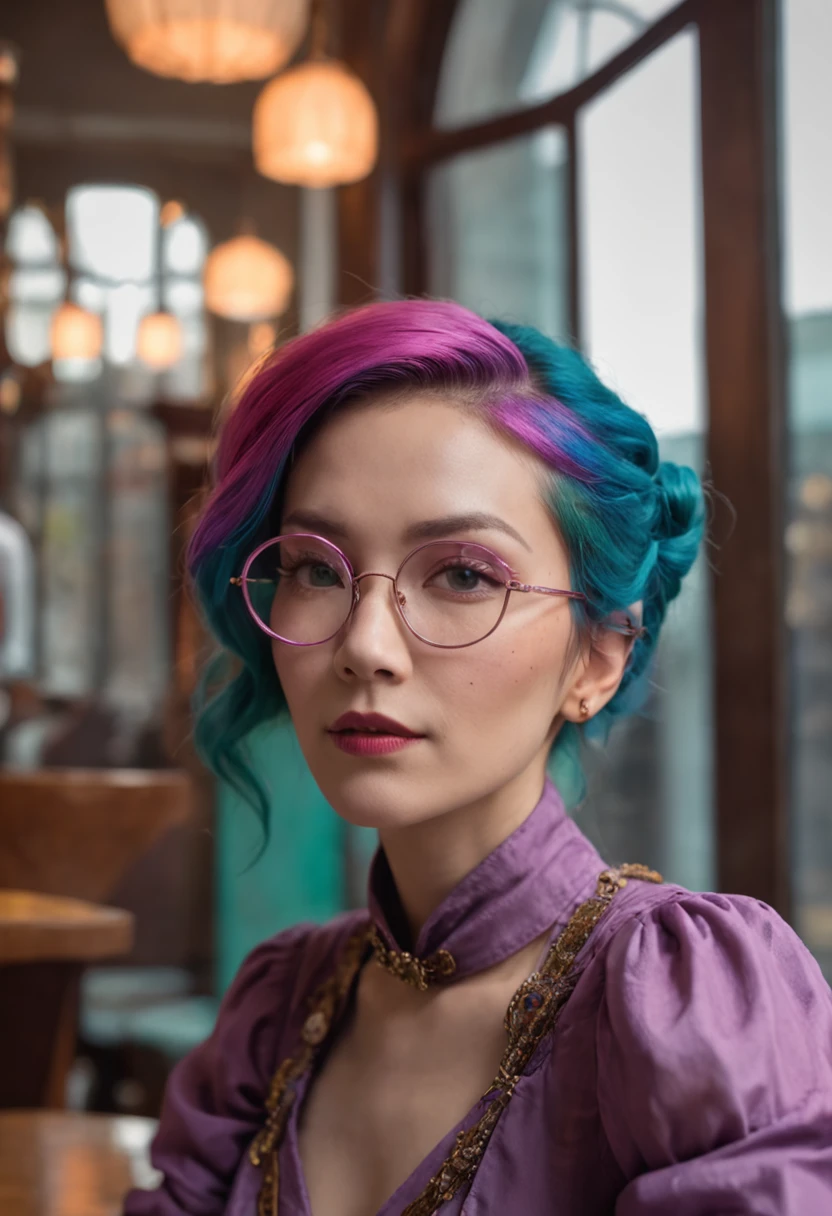 An ultra high-resolution photograph of a stylish cyberpunk gothic flat chested Eurasian librarian immersed in relaxation at a trendy café in the Philippines. With (vibrant rainbow colored blue green pink orange hair) elegantly tied in a bun, she adorns brass colored glasses, and is dressed in a stunning (purple Victorian-inspired dress). Seated by a window, basked in the warm glow of natural daylight, the hipster decor perfectly complements her aura. Shot with a wide-angle lens, capture the intricacies of the café's interior, showcasing every exquisite detail. by Annie Leibovitz, Nikon D850, Nikon AF-S NIKKOR 24-70mm f/2.8E ED VR lens, capture this image using a medium shot, ambient light setting, ISO 100, shutter speed 1/125, aperture f/2.8, this visually stunning image demands a staggering 8k resolution.