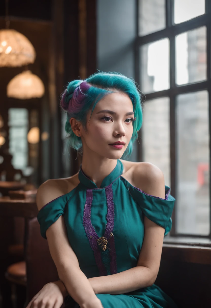 An ultra high-resolution photograph of a stylish cyberpunk gothic flat chested Eurasian librarian immersed in relaxation at a trendy café in the Philippines. With (vibrant rainbow colored blue green pink orange hair) elegantly tied in a bun, she adorns brass colored glasses, and is dressed in a stunning (purple Victorian-inspired dress). Seated by a window, basked in the warm glow of natural daylight, the hipster decor perfectly complements her aura. Shot with a wide-angle lens, capture the intricacies of the café's interior, showcasing every exquisite detail. by Annie Leibovitz, Nikon D850, Nikon AF-S NIKKOR 24-70mm f/2.8E ED VR lens, capture this image using a medium shot, ambient light setting, ISO 100, shutter speed 1/125, aperture f/2.8, this visually stunning image demands a staggering 8k resolution.