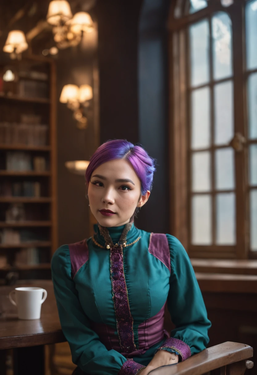 An ultra high-resolution photograph of a stylish cyberpunk gothic flat chested Eurasian librarian immersed in relaxation at a trendy café in the Philippines. With (vibrant rainbow colored blue green pink orange hair) elegantly tied in a bun, she adorns brass colored glasses, and is dressed in a stunning (purple Victorian-inspired dress). Seated by a window, basked in the warm glow of natural daylight, the hipster decor perfectly complements her aura. Shot with a wide-angle lens, capture the intricacies of the café's interior, showcasing every exquisite detail. by Annie Leibovitz, Nikon D850, Nikon AF-S NIKKOR 24-70mm f/2.8E ED VR lens, capture this image using a medium shot, ambient light setting, ISO 100, shutter speed 1/125, aperture f/2.8, this visually stunning image demands a staggering 8k resolution.