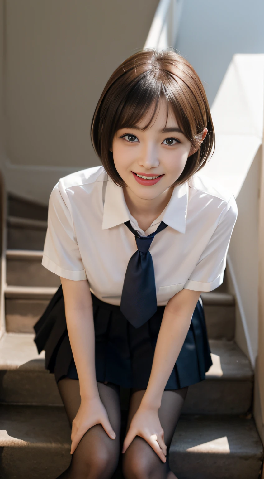Beautiful Girl, (Skirt lifting), ((Show panties)), looking in camera, Angle from below, Short skirt, Squatting, Shy smile, Japan school uniform, Short hair, ((of the highest quality, 16 K, masutepiece: 1.3)), 1 girl, Light on Face, hyperdetailed face, very detailed lips, Detailed eyes