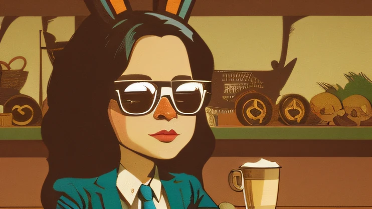 Fauvist style poster, Sauce coffee，Humanoid rabbit drinking coffee in a coffee shop, art by [esao andrews]，It is characterized by a mixture of calm tones and contrasts of light and shadow，Long-haired white rabbit，Gold thread sunglasses，Jewelry diamond frame gold thread sunglasses，Bunny warrior wearing jewelry diamond frame gold thread sunglasses，