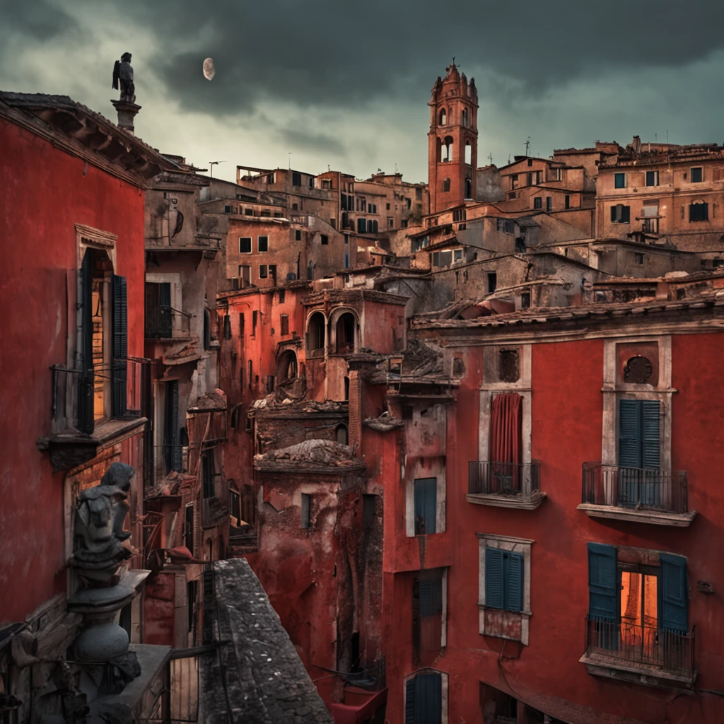 In the dark night of Verona, a city full of hatred, the family in red and the family in blue fight each other, in the atmosphere of sadness and despair, in color of dark and scarlet, musical theater scene, action pose, long shot, spot light, photorealistic, dream-like imagery, dark orange and green, delicate flora depictions, photo-realistic, slumped/draped, best quality, uhd, 16k