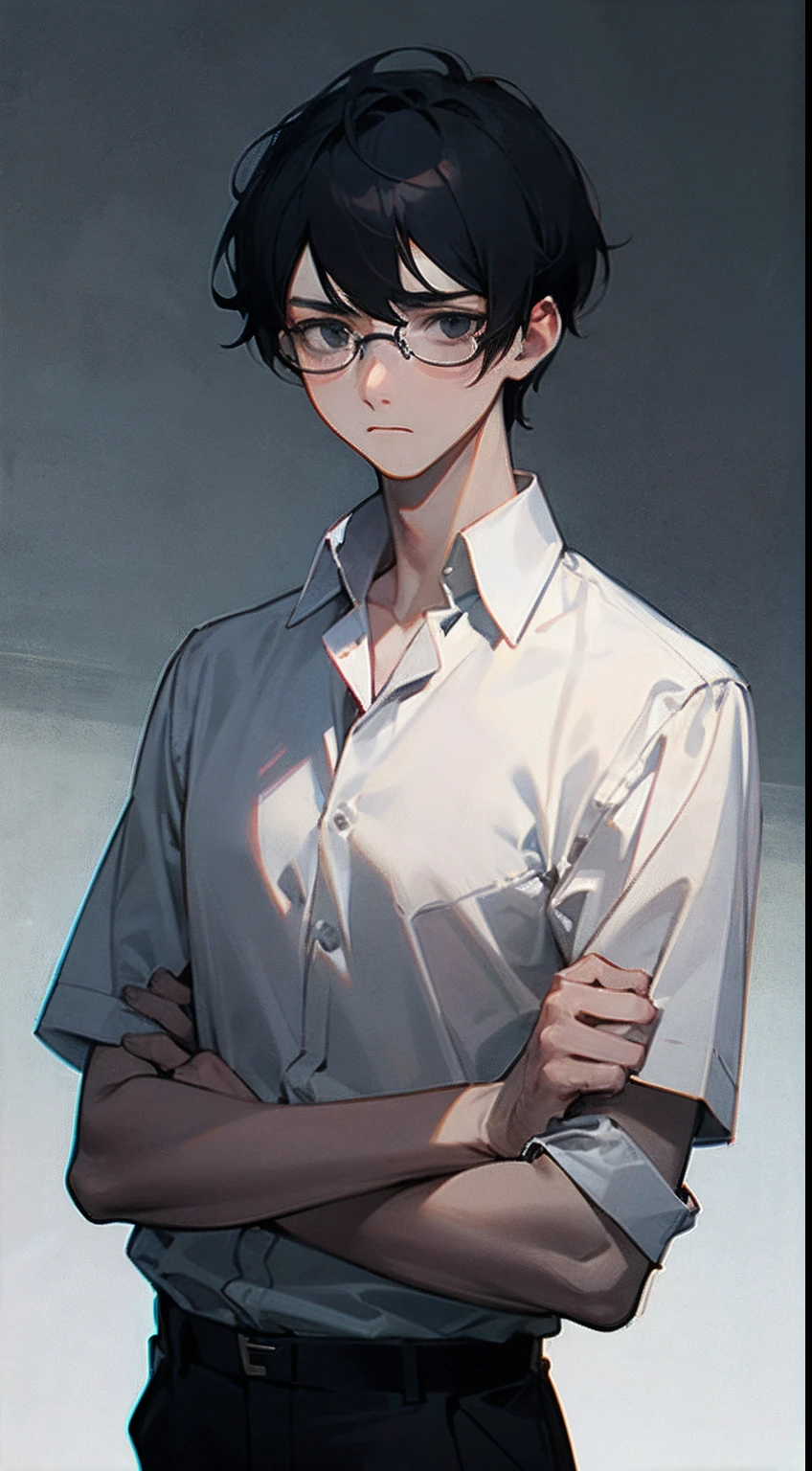 Young man with black hair and glasses、White Y-shirt and slacks、Serious appearance、Calm eyes、Anxious look、Black eyes、Depressed posture、